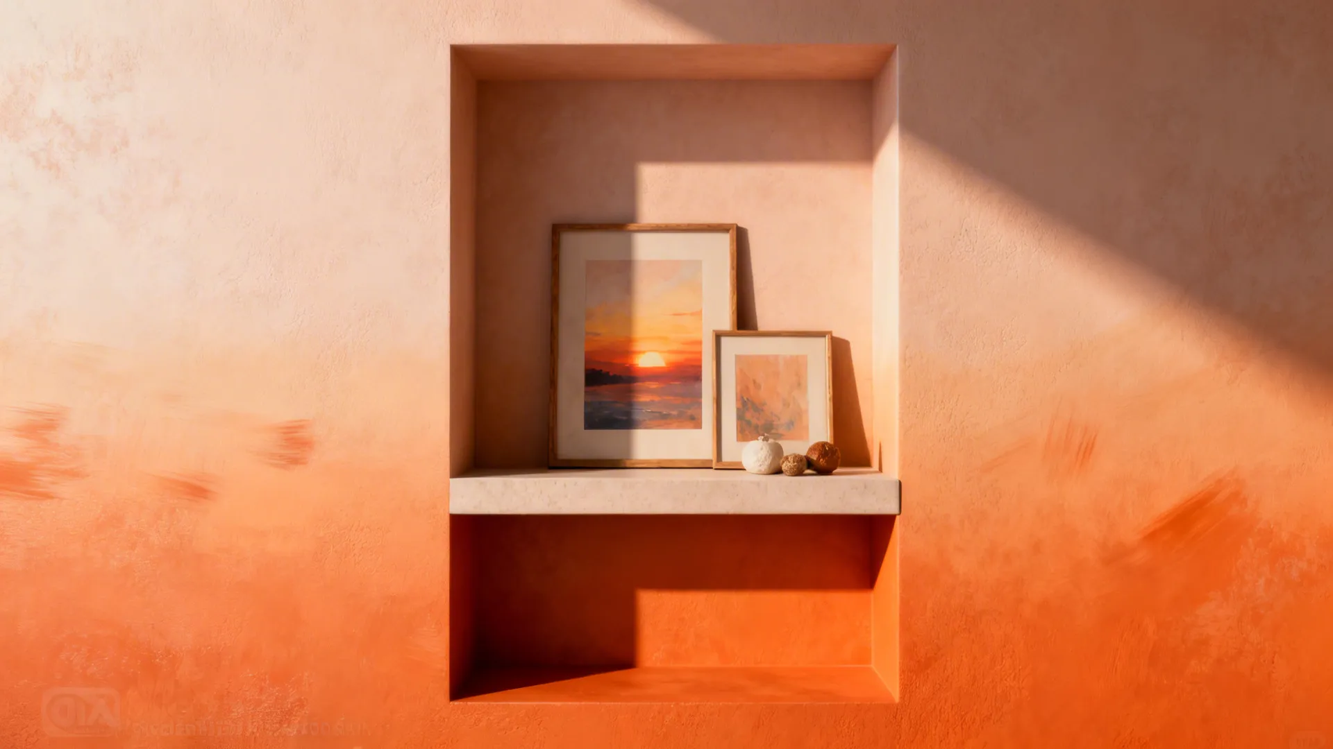 Recessed niche painted with a pale apricot to deep orange sunset gradient framing artwork.