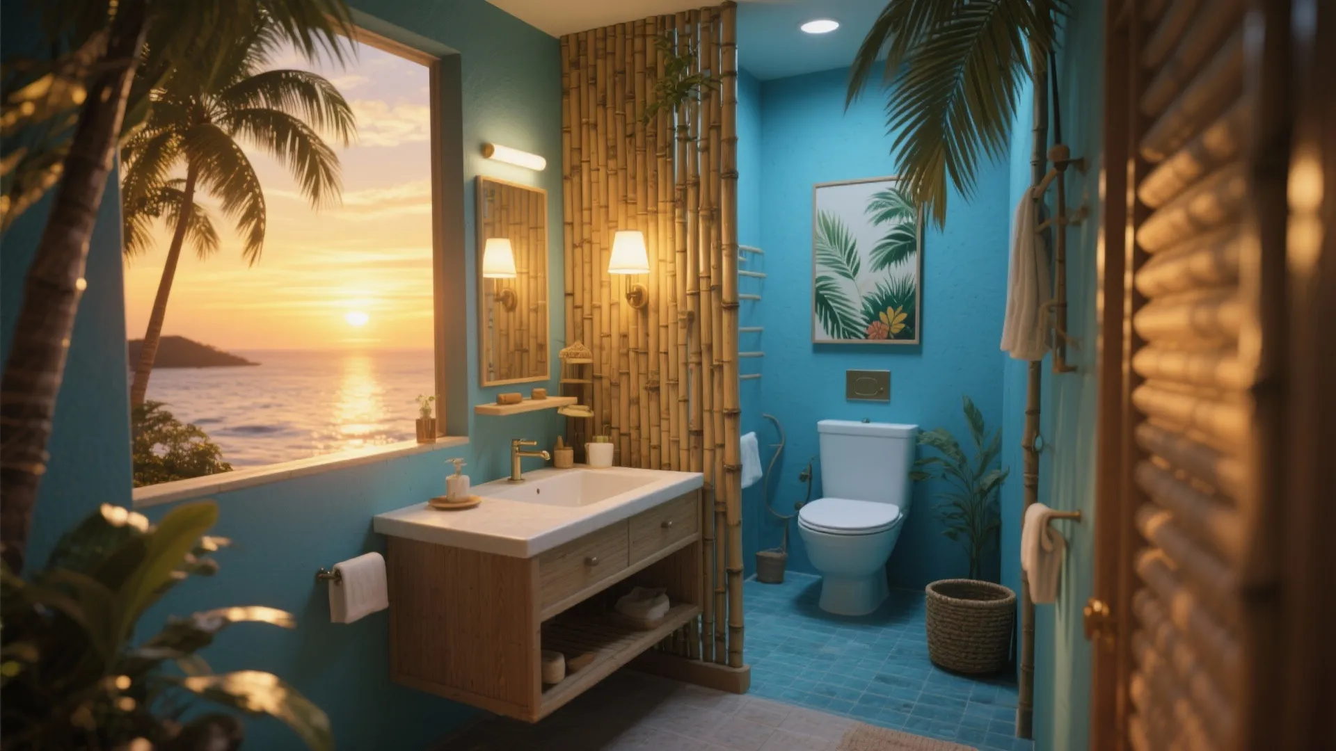 Tropical bathroom with blue walls bamboo divider wooden cabinet white toilet and sunset ocean view