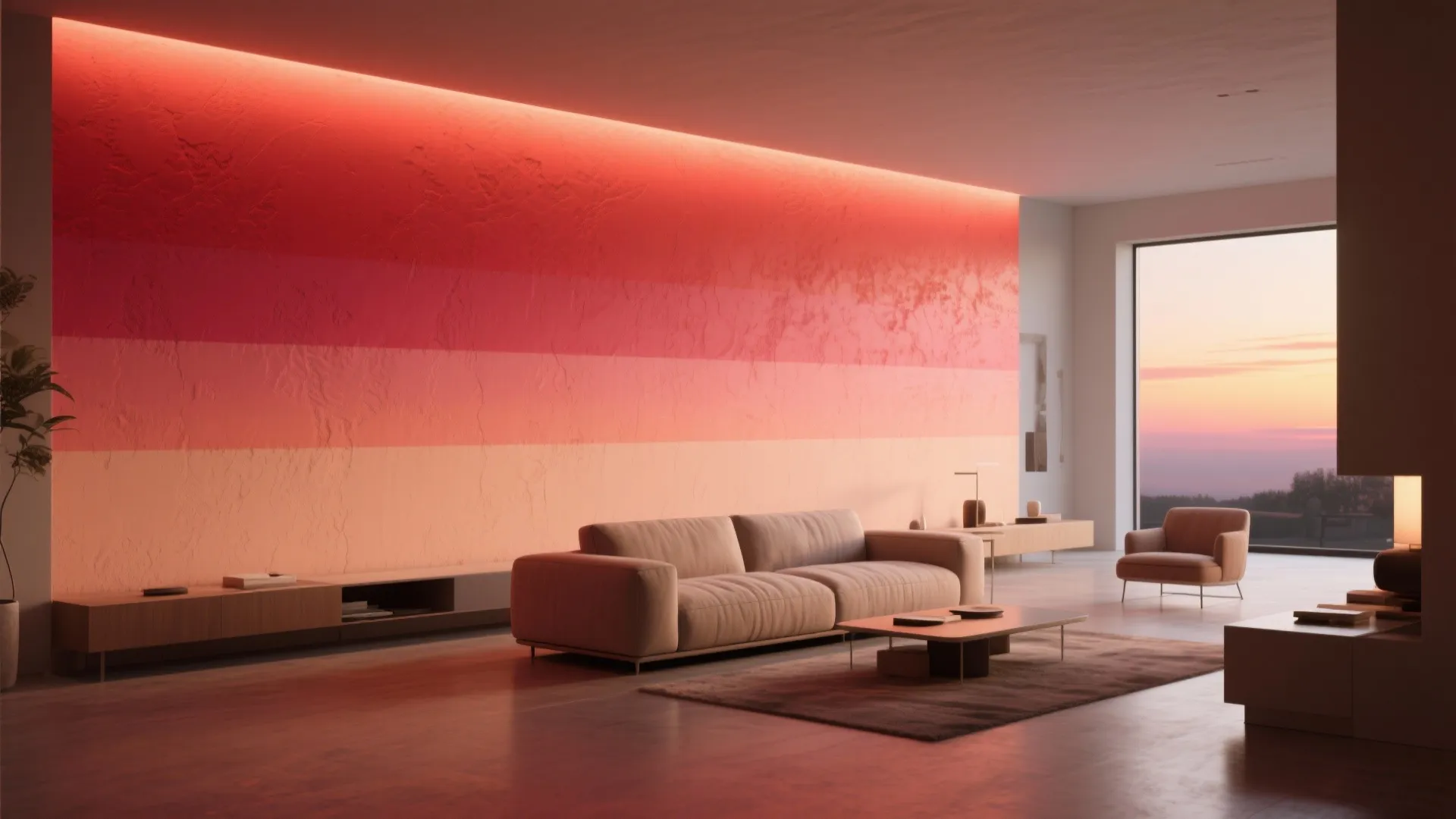 Modern living room with sunset colored wall sofa coffee table rug and large window view outside