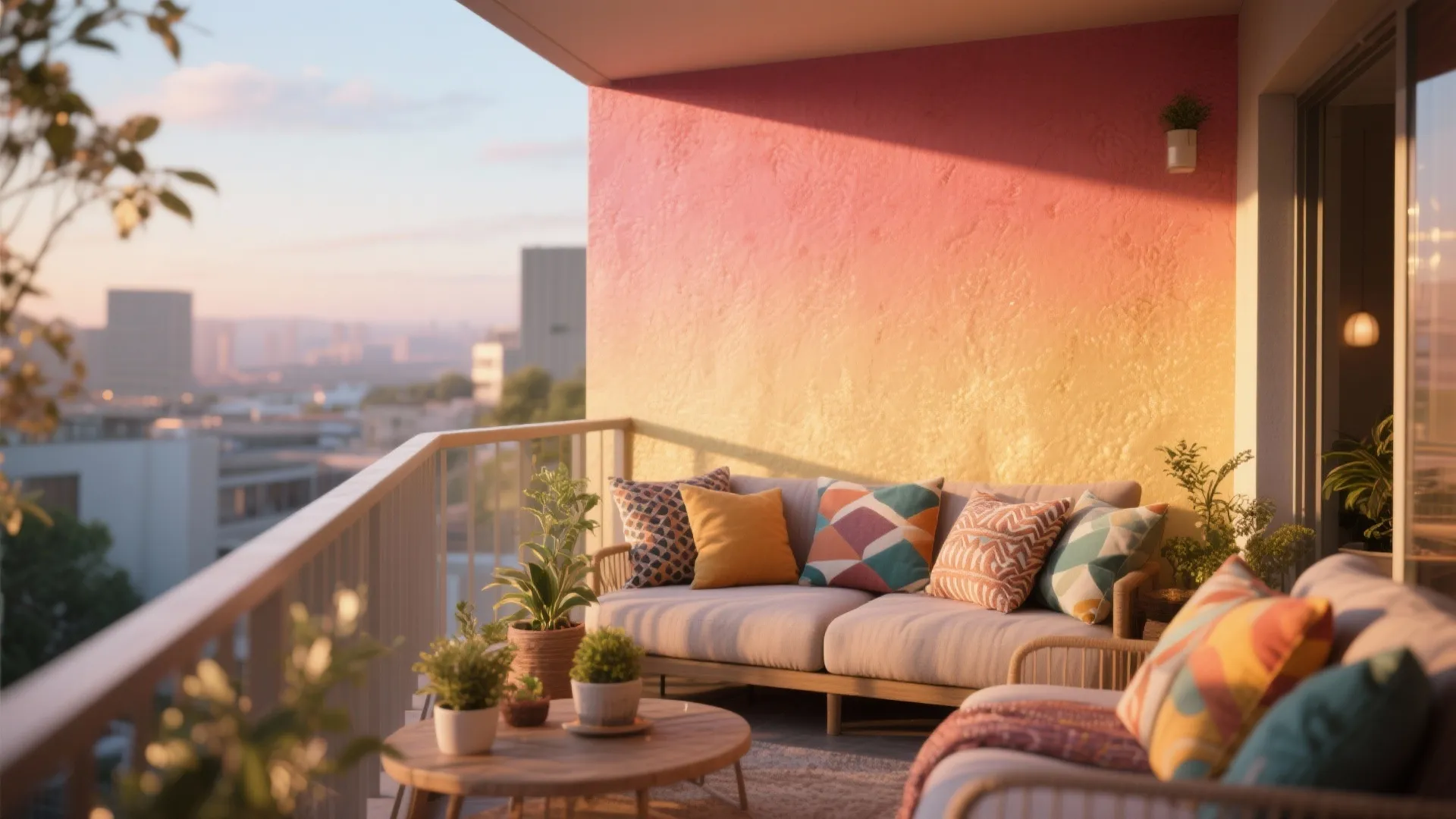 Sunset balcony with colorful ombre wall, cozy sofa, patterned pillows, wooden table, and city view background