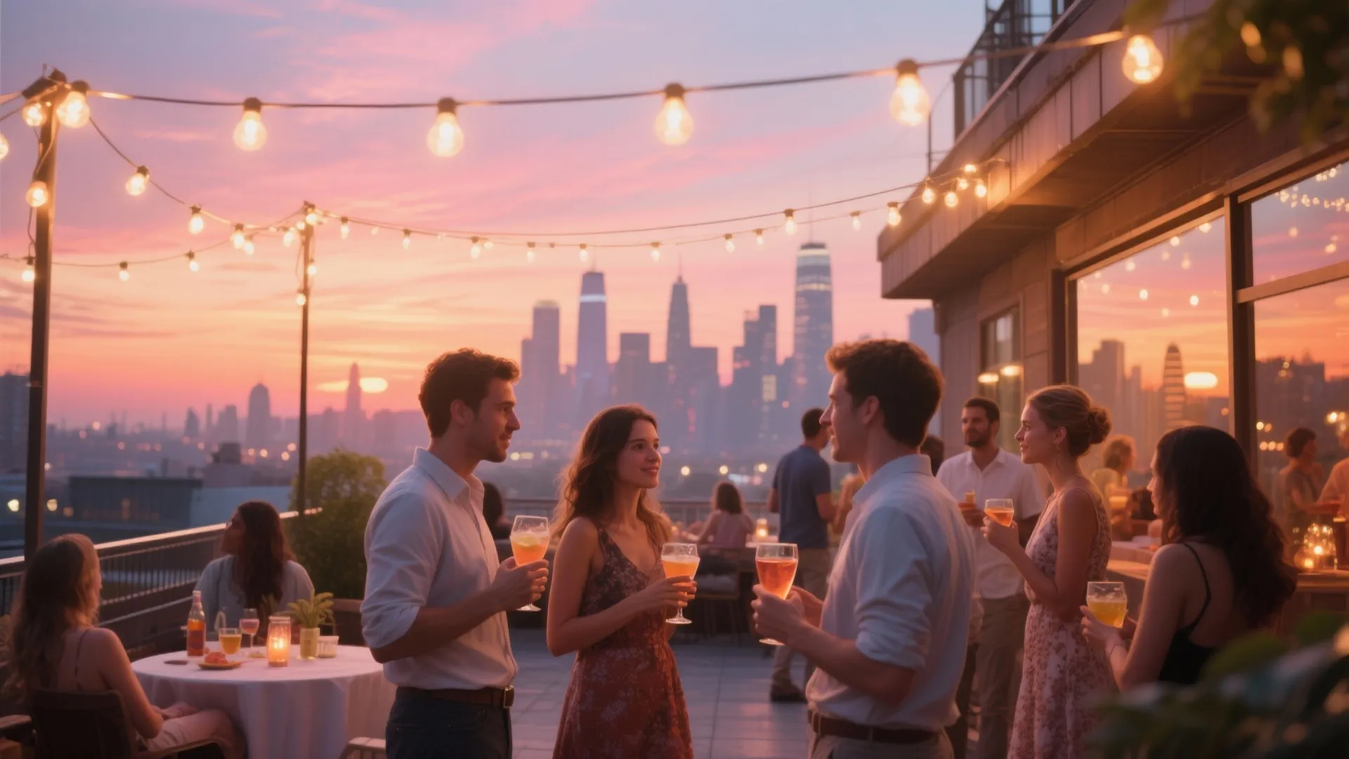 Friends enjoying drinks on a rooftop during sunset with city skyline views and hanging lights
