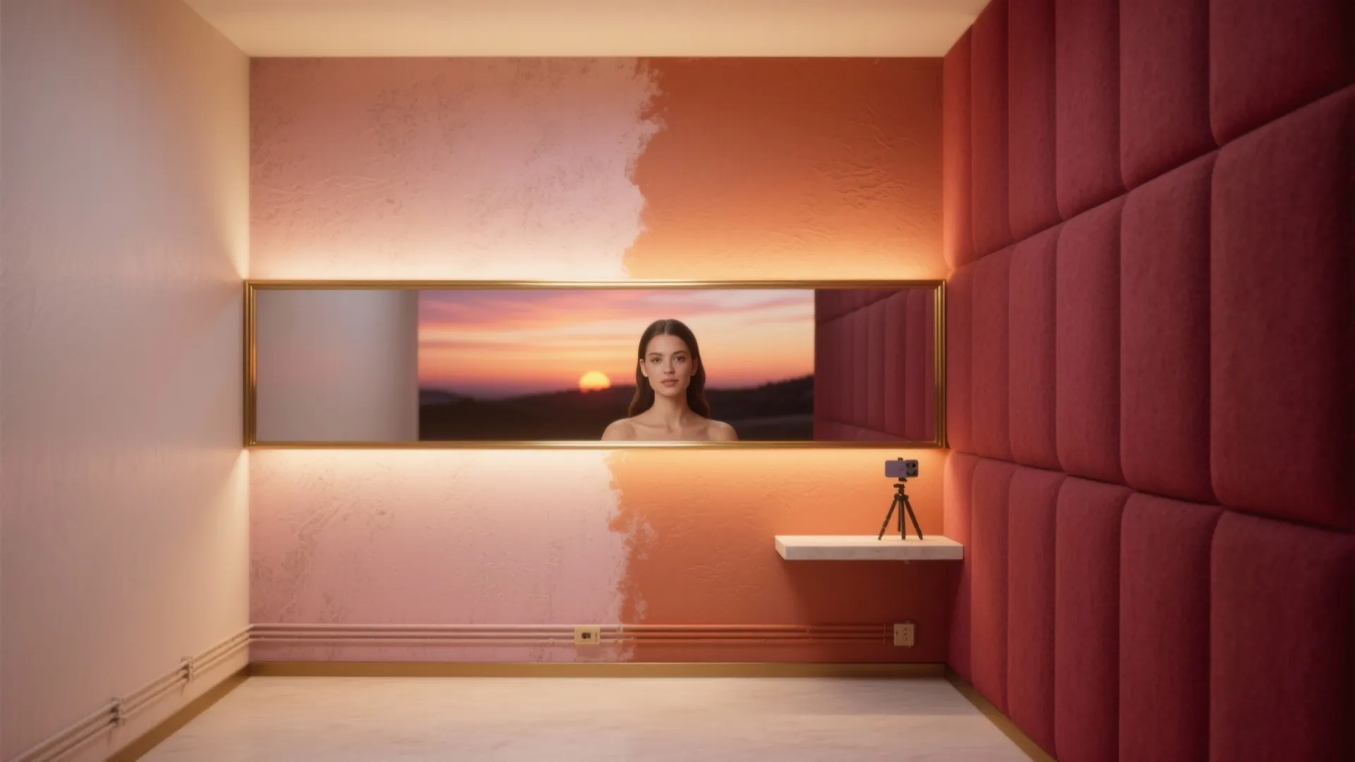 Modern pink and orange room with a long mirror showing a woman at sunset background