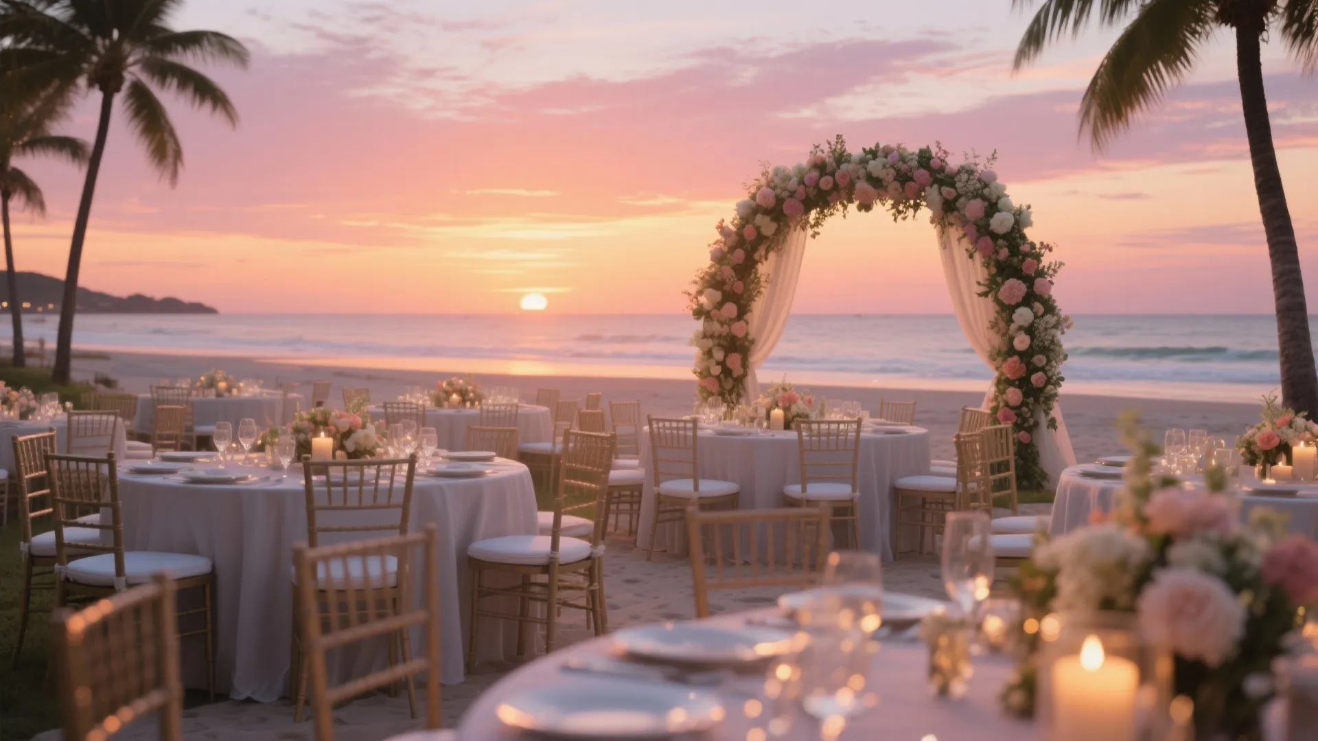 Beachfront wedding banquet at sunset with floral arch