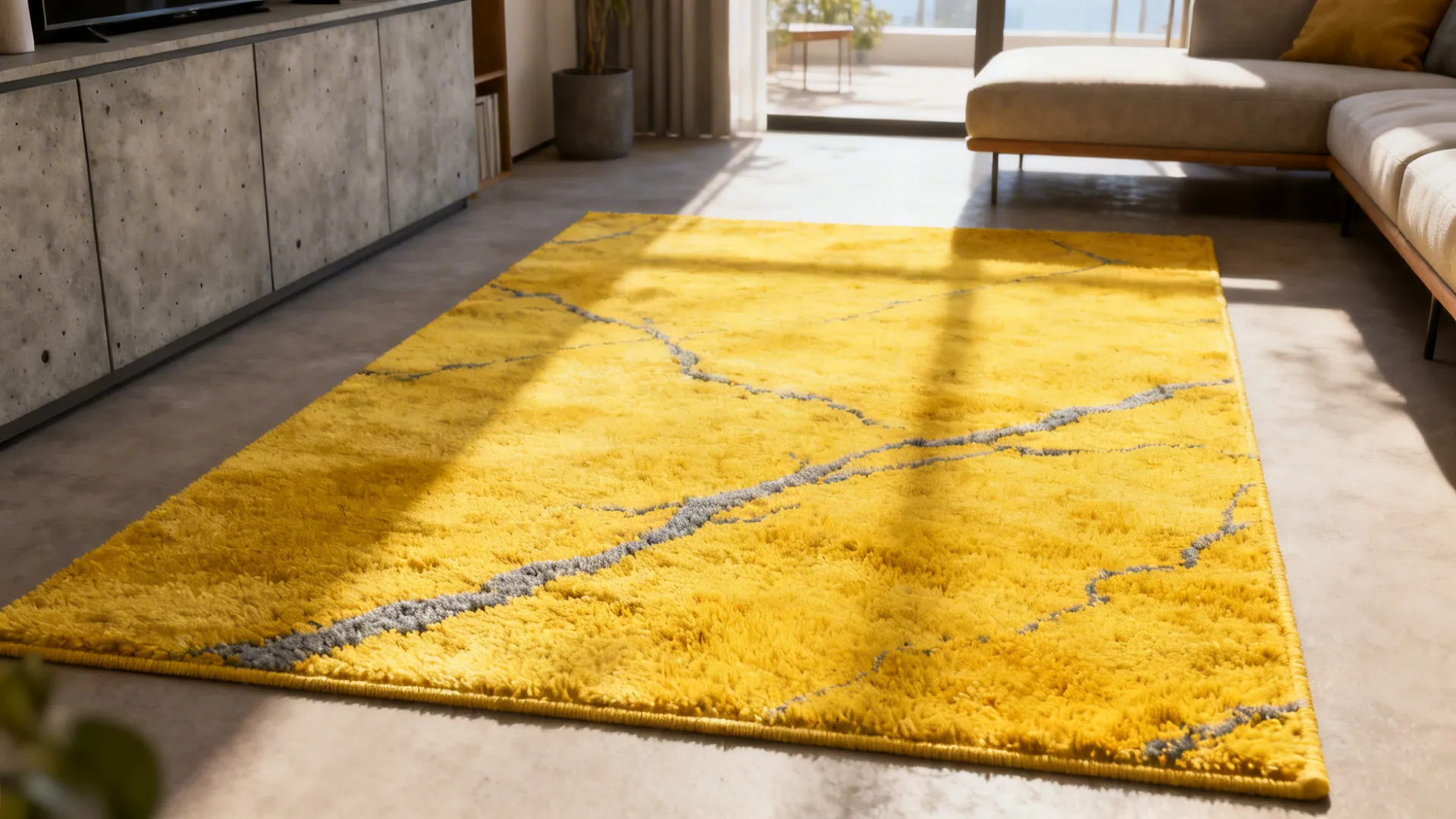 Compact living room with a bright yellow rug with gray veins on a neutral floor