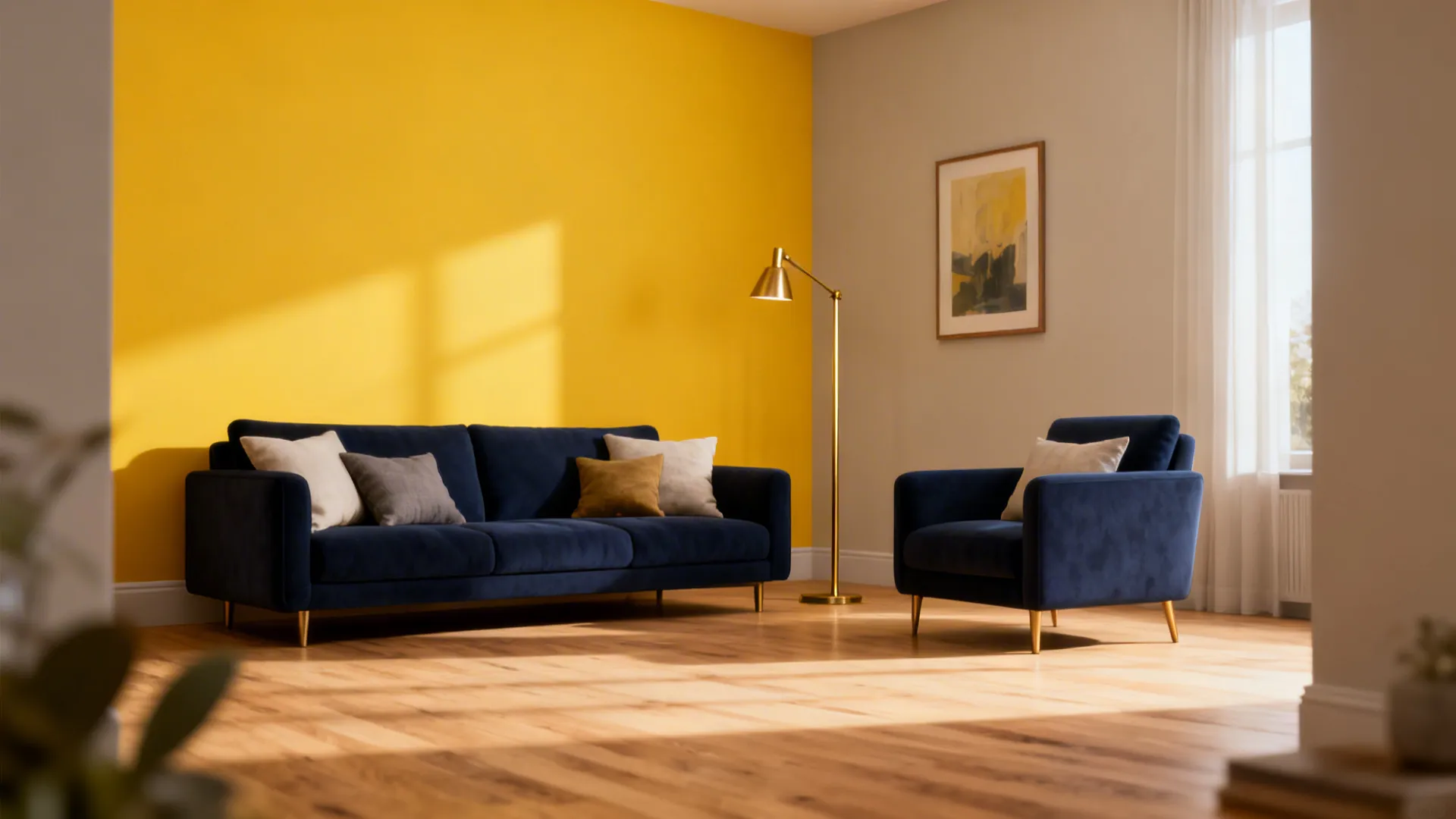 Small living room with one yellow accent wall and navy seating on light wood floors