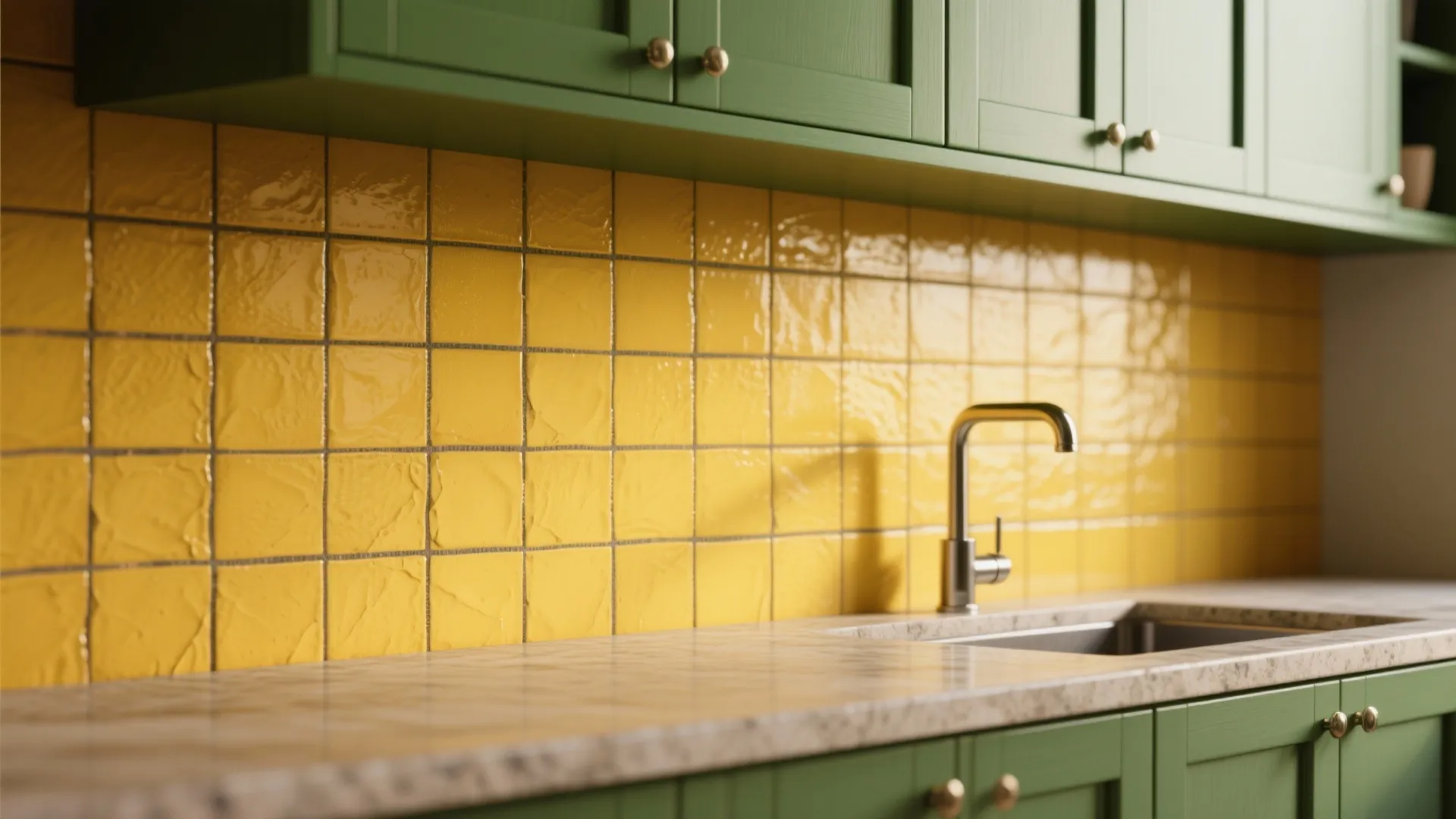 Close-up of a bright yellow tile backsplash above moss-green lower cabinets with darker grout.