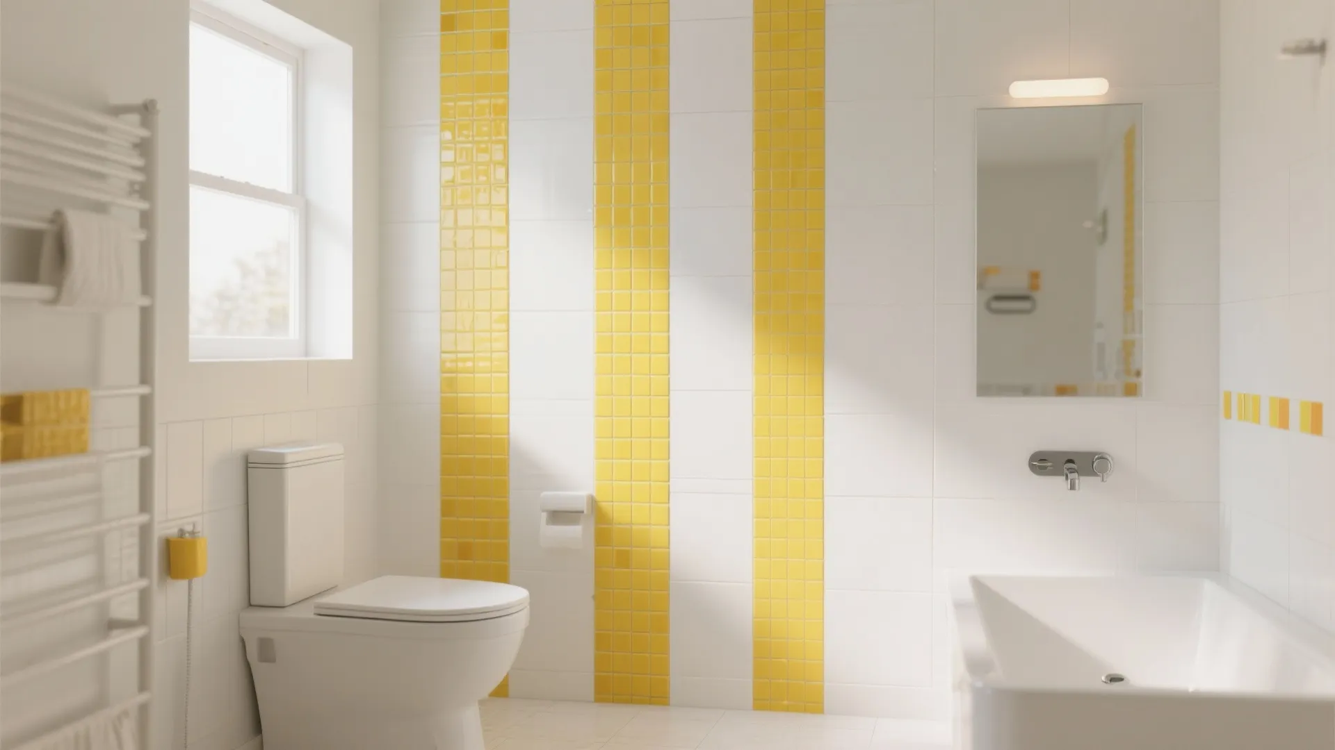 White bathroom interior featuring white toilet bathtub and walls with three vertical yellow mosaic stripes