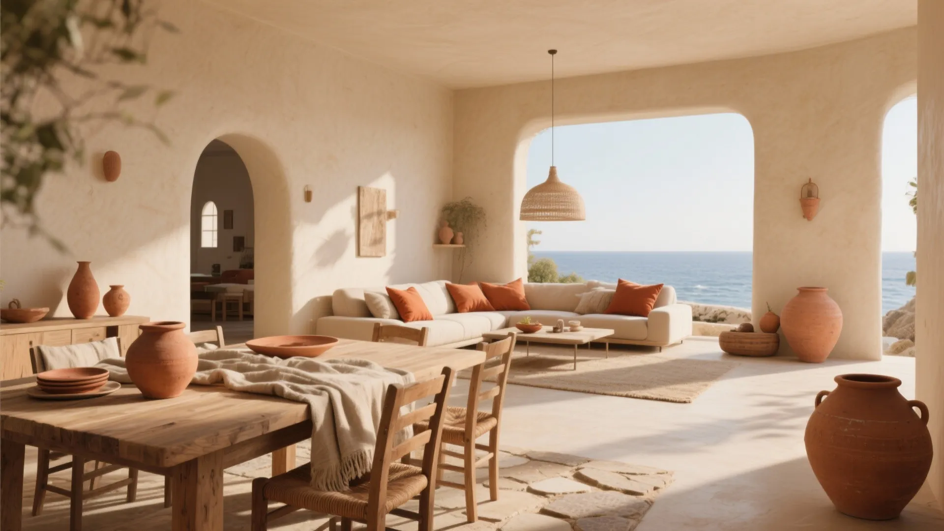 Mediterranean living room featuring white sofa orange pillows clay pots wooden table and blue sea