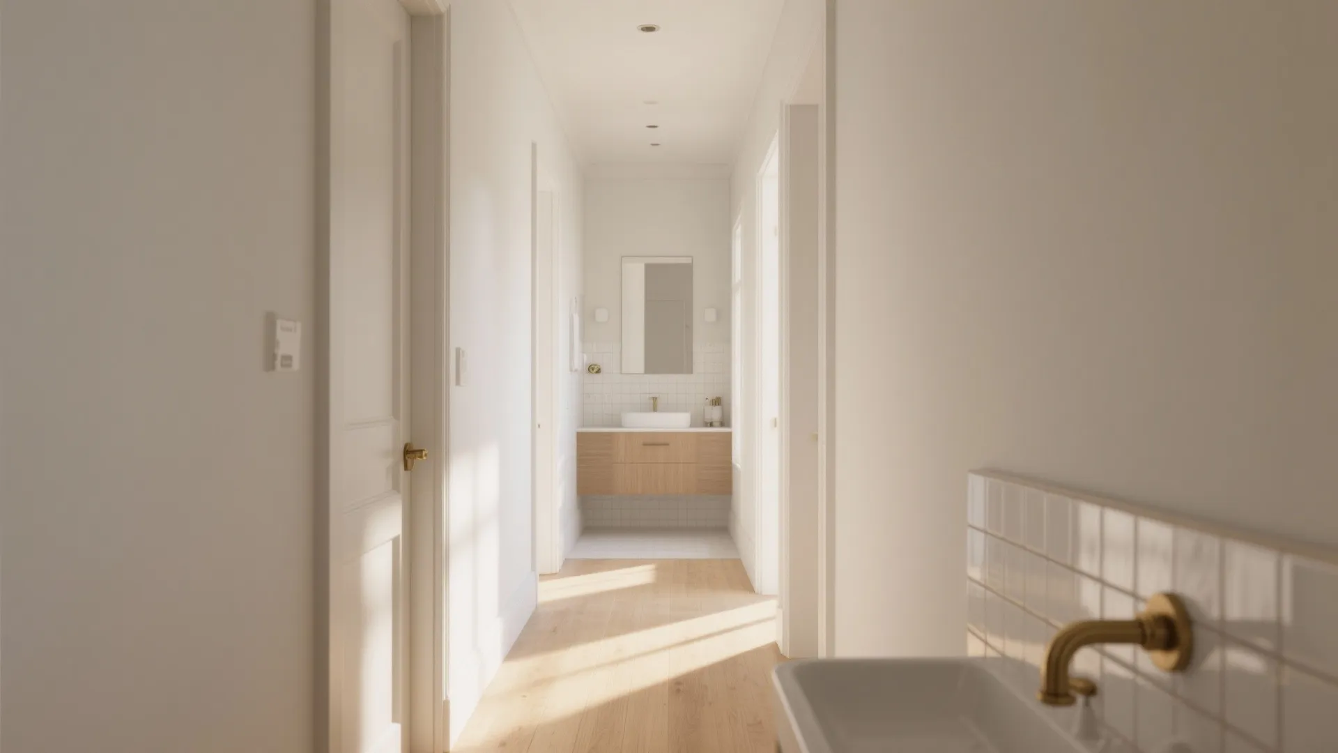 Bright white hallway leading to a bathroom with wooden cabinet, white sink, mirror, and sunlight