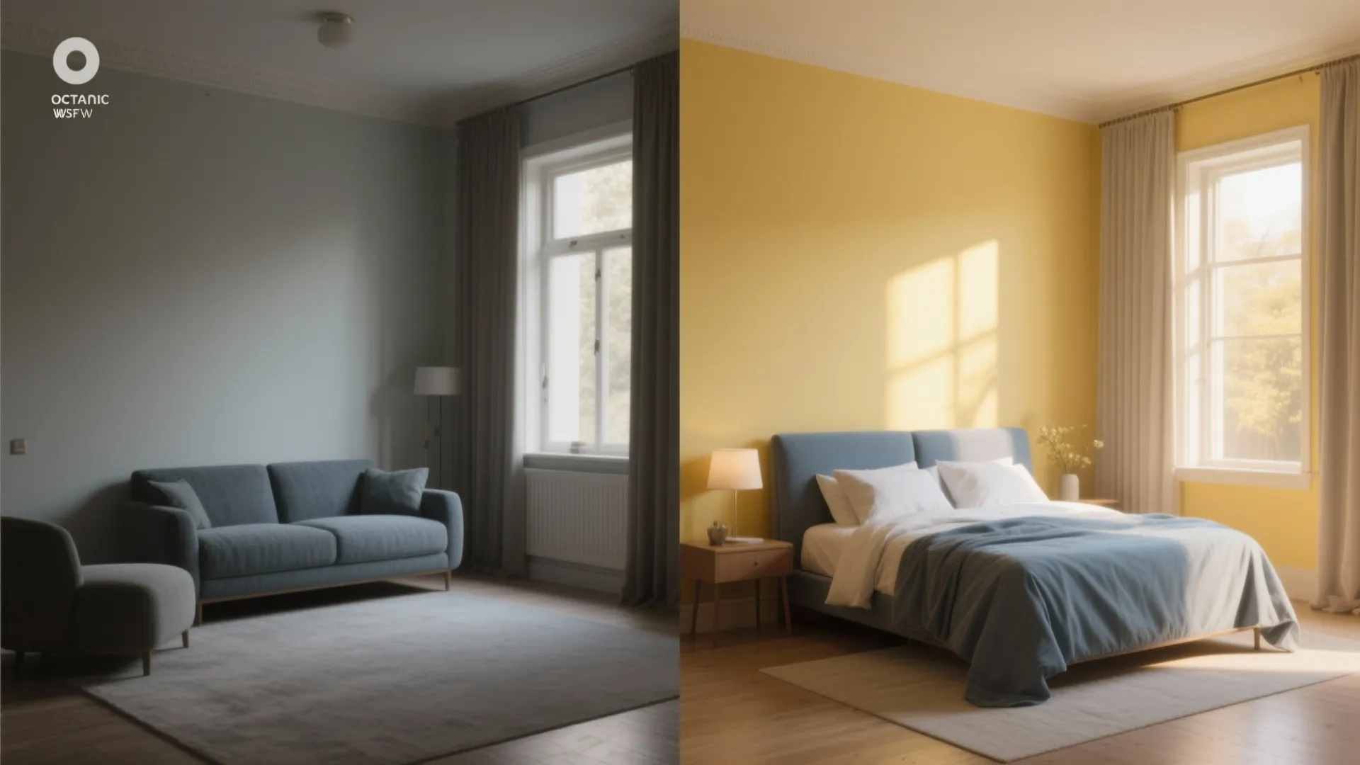 Before-and-after view showing a room brightened by pale sunwashed yellow walls paired with blue-gray upholstery.