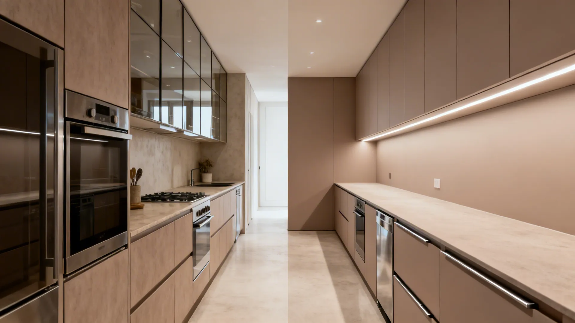 Before-and-after galley kitchen showing super-matte slab doors with integrated J-pulls for a cleaner look.