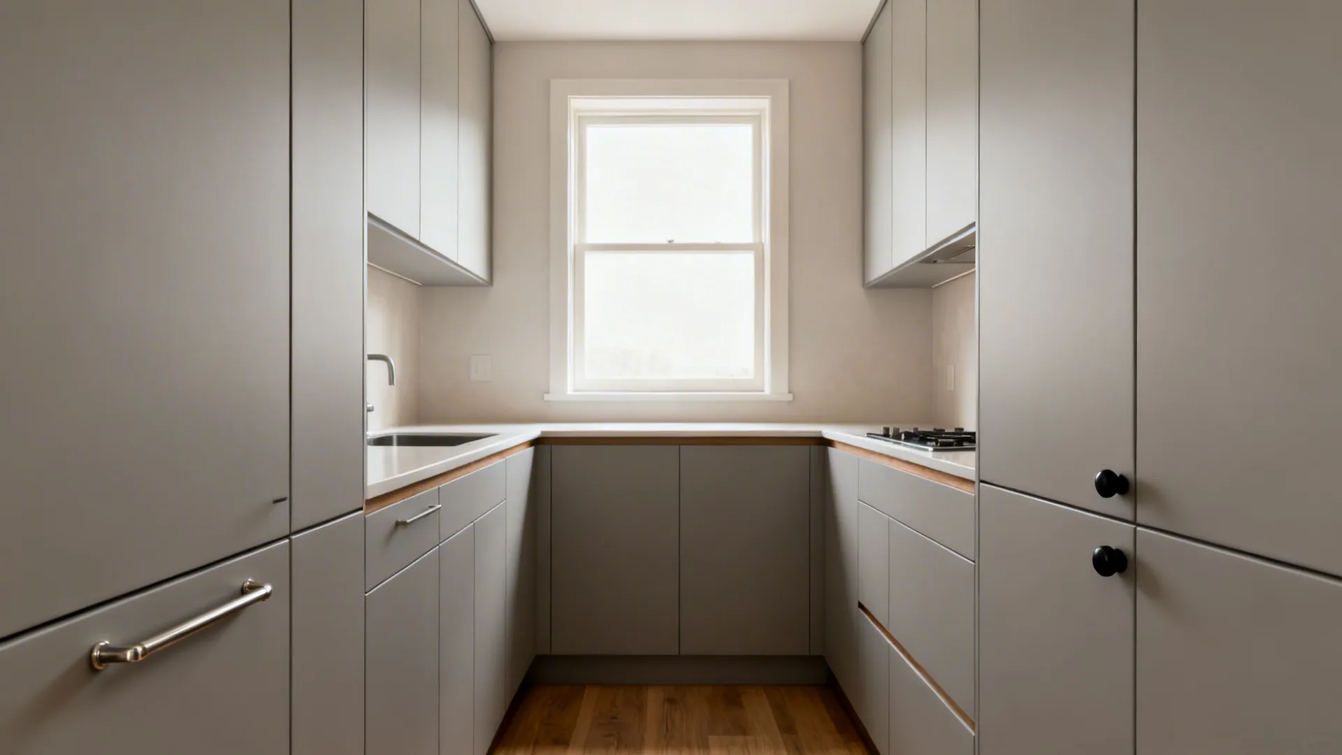 Compact kitchen with ultra-matte flat-panel cabinet doors in light gray and clean lines.