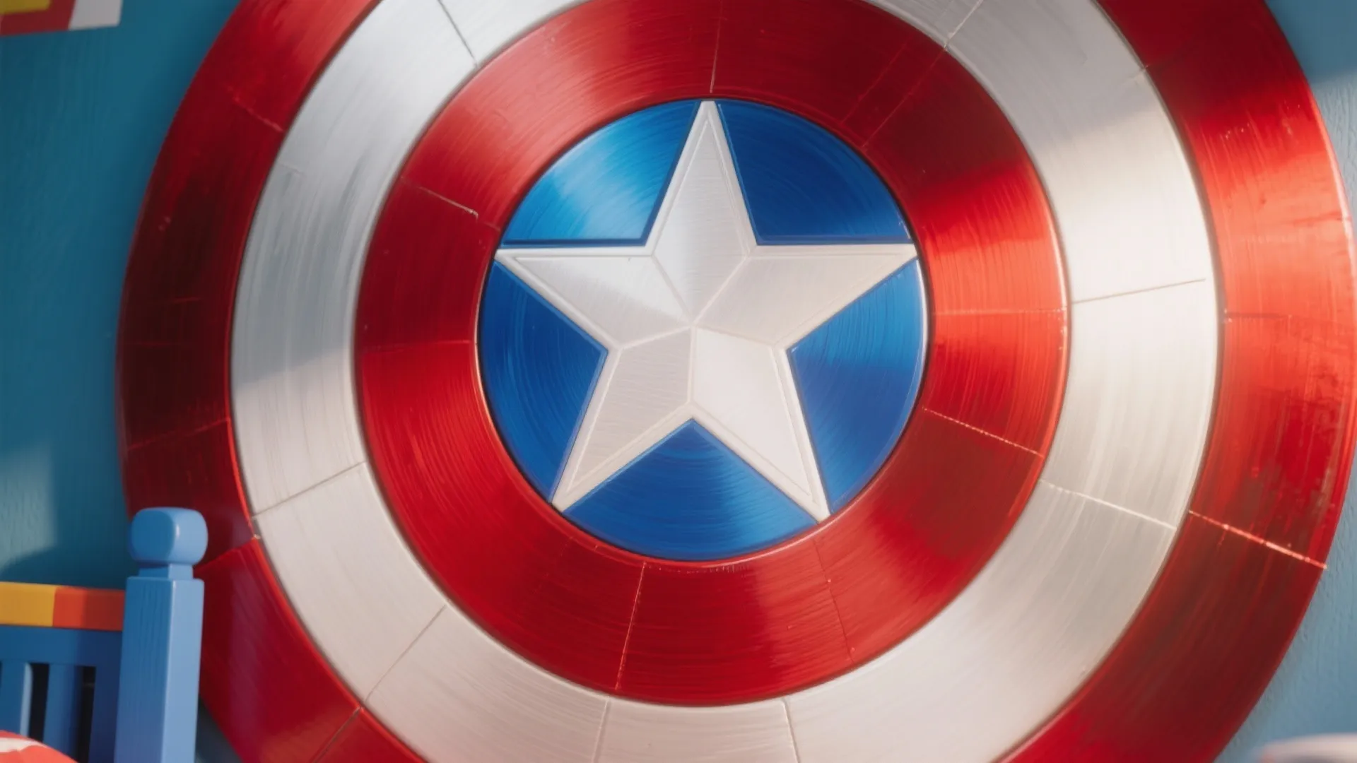 Red white and blue round shield wall decoration hanging in a themed bedroom for kids