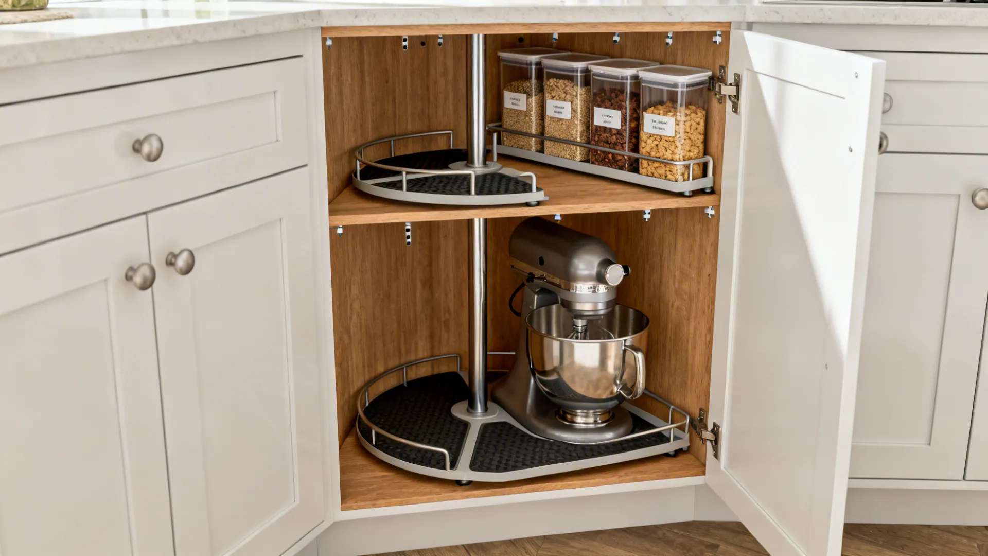 Super Susan corner cabinet with rotating trays holding a mixer and pantry bins.