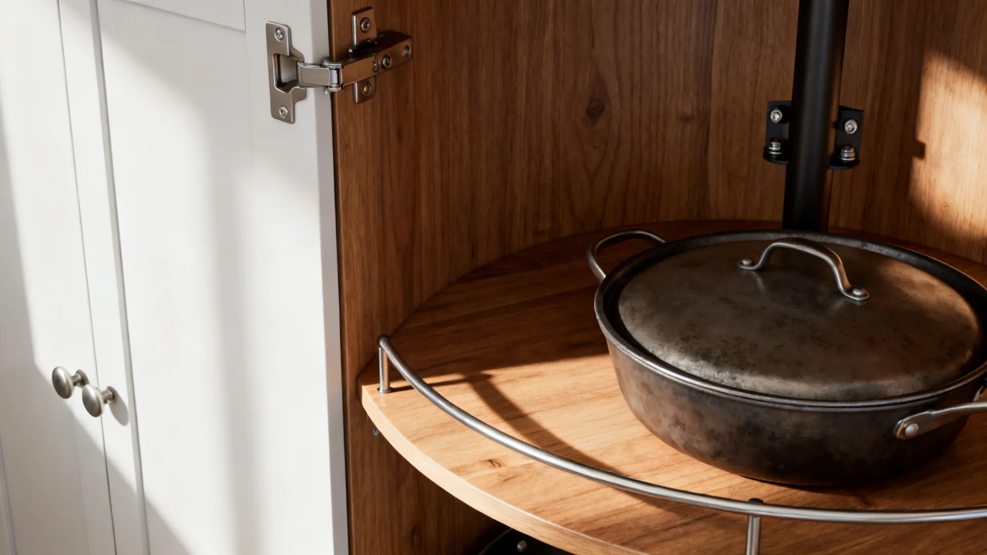 Close-up of a Super Susan with full-round wooden shelves and heavy-duty bearings, storing cookware securely.