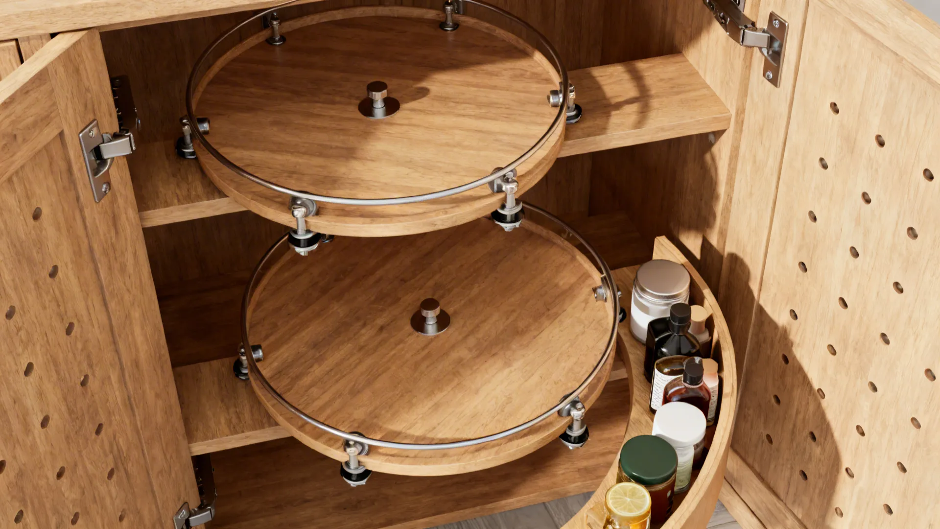 Top-down of Super Susan trays on fixed shelves with adjustable pegs and organized items.