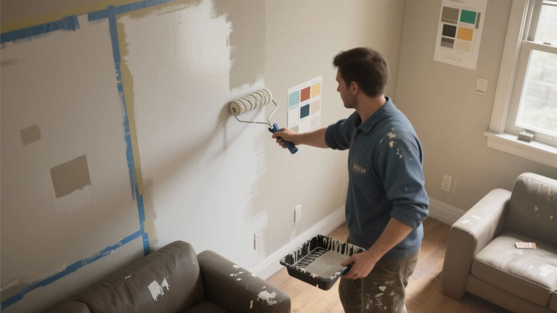 Man in blue shirt using a paint roller to apply beige paint on living room