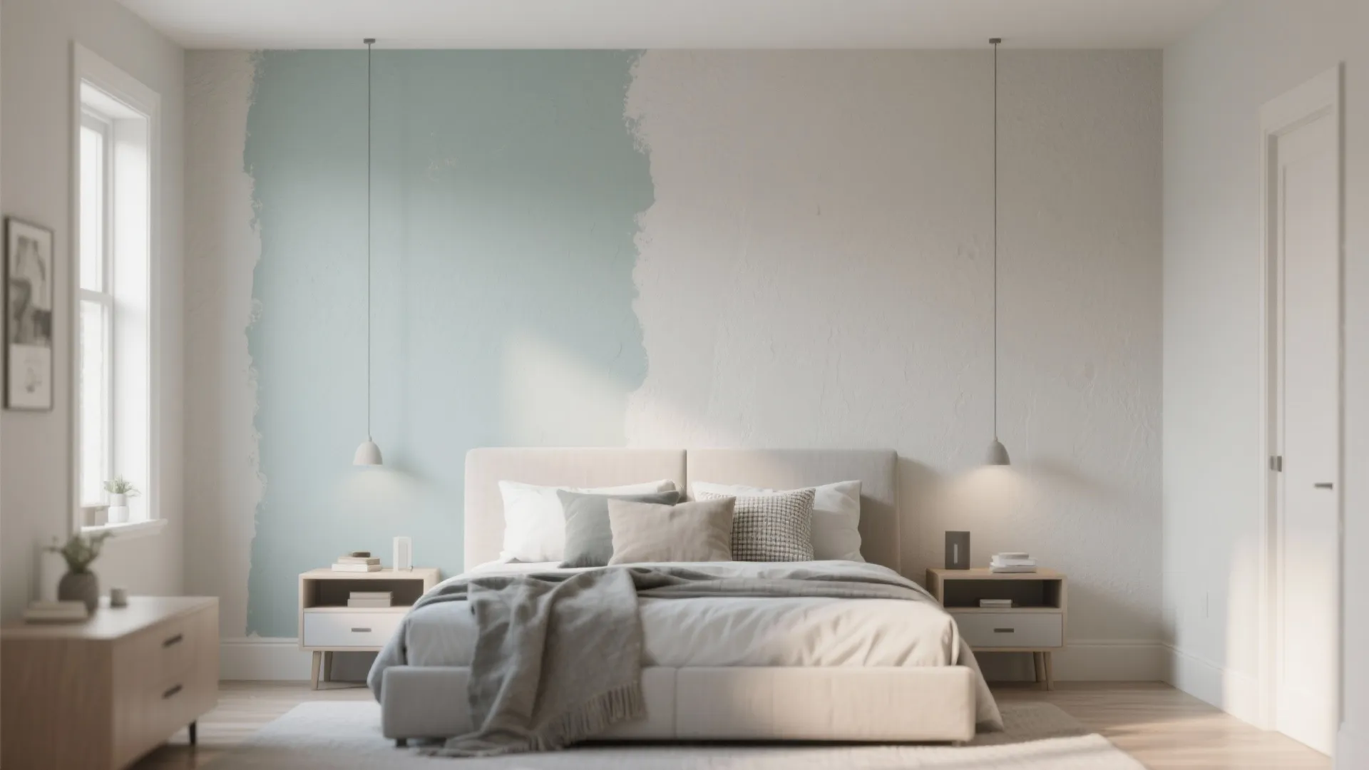 Modern bedroom with partially painted blue wall behind large bed and two wooden side tables