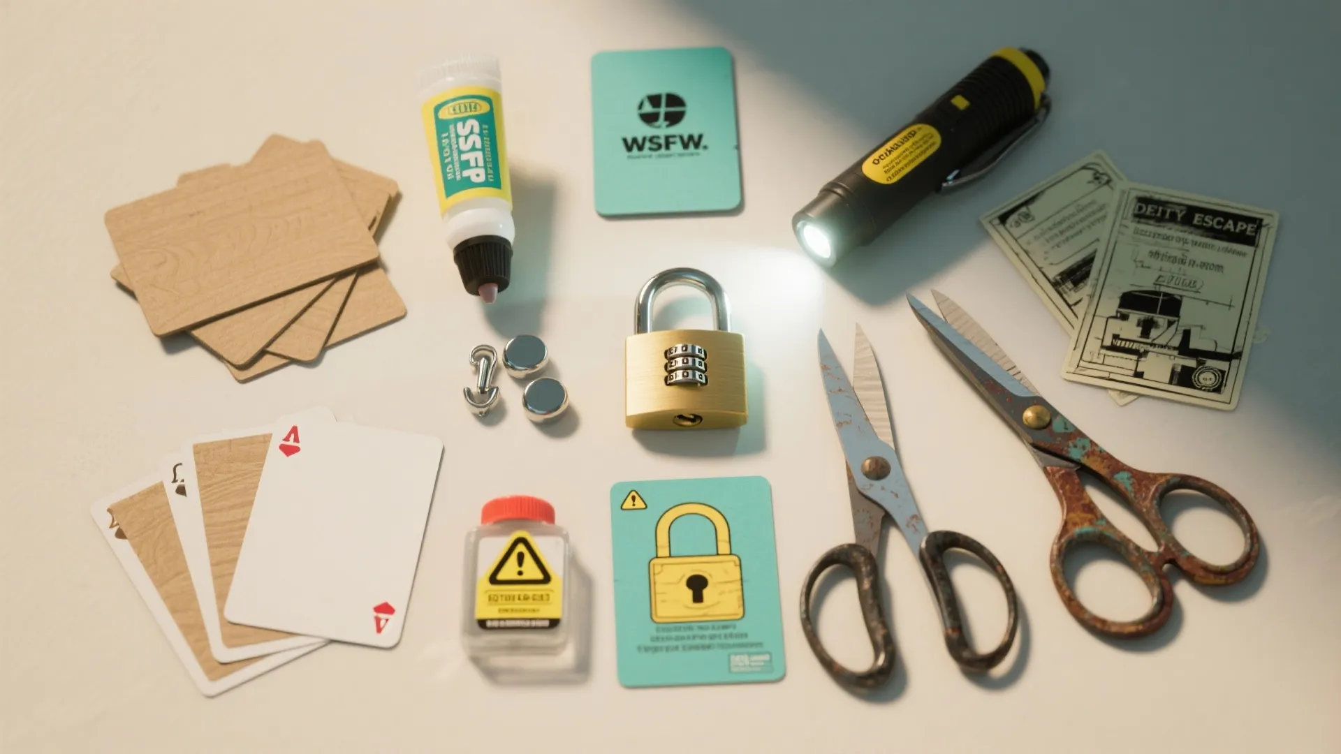 Top-down flatlay of craft supplies and small props for building DIY escape room puzzles.