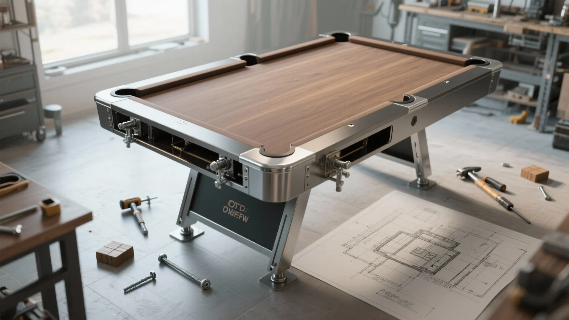 Custom pool table with wood top and metal legs surrounded by tools and floor plan
