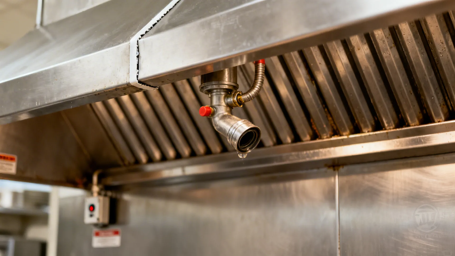 Macro of a suppression nozzle and sensor on a stainless fryer canopy in a UK kitchen.