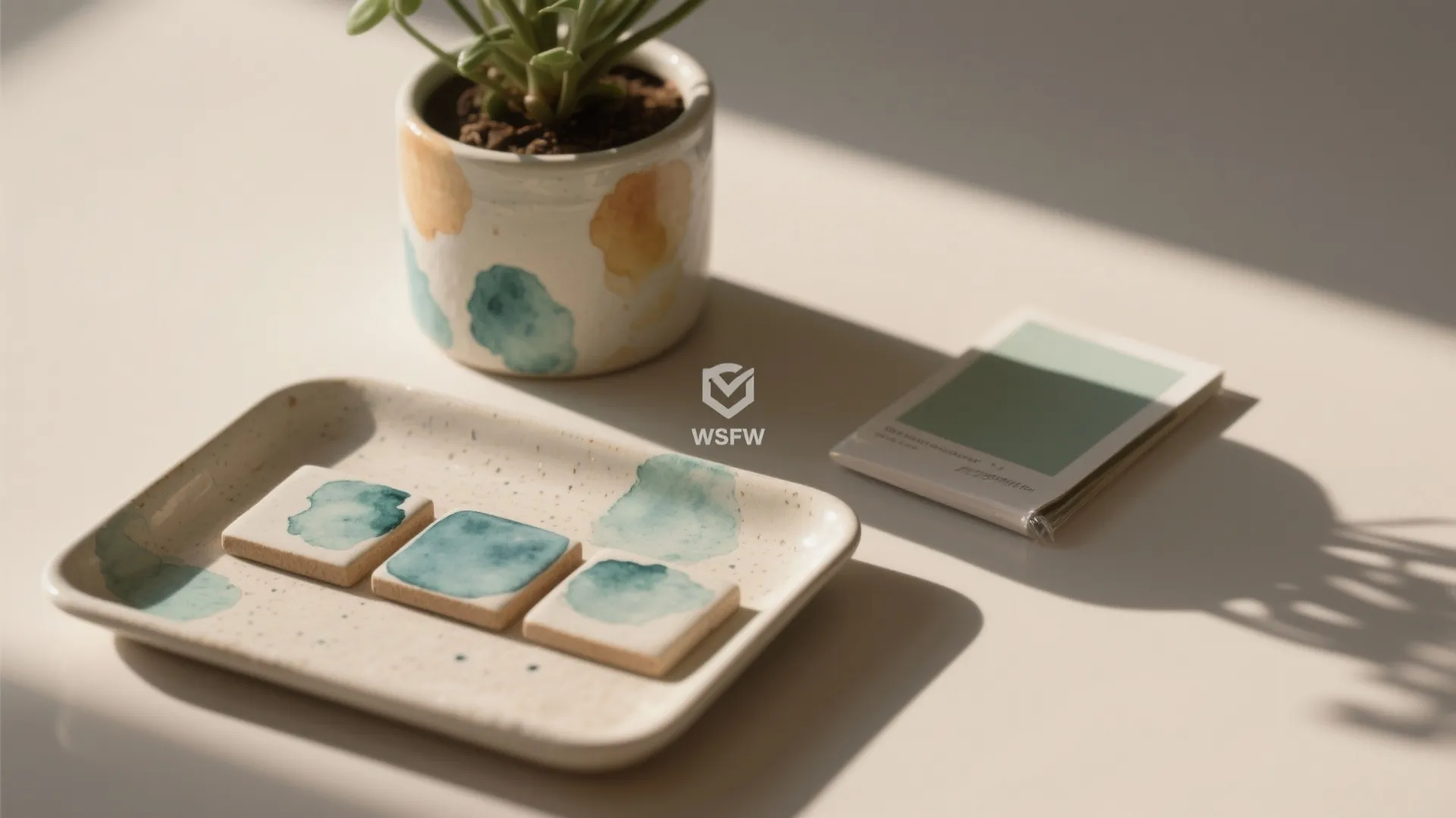 Ceramic tray with watercolor tiles next to a small potted plant and a green card