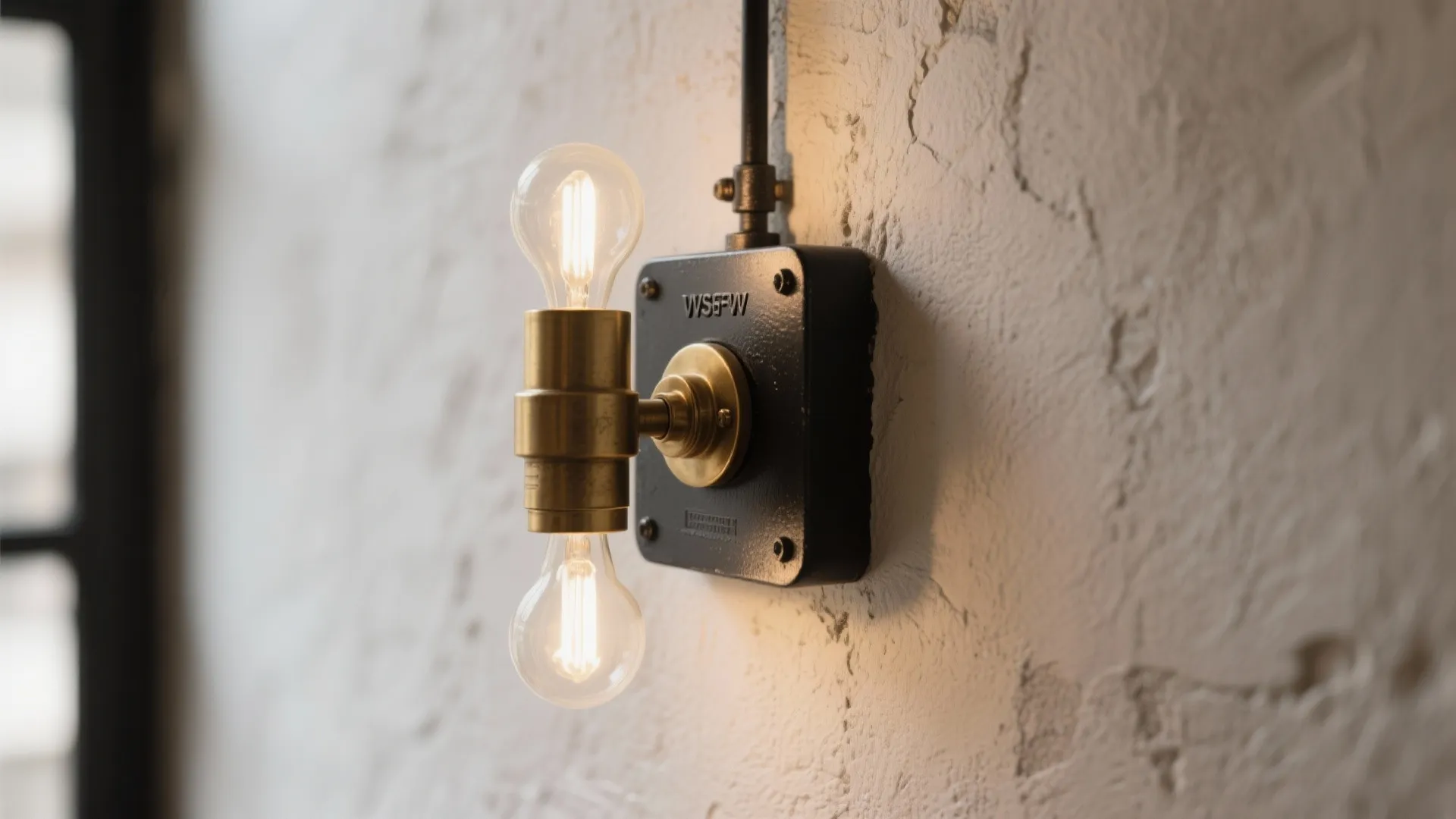 Industrial wall light with double light bulbs mounted on black metal box against white wall