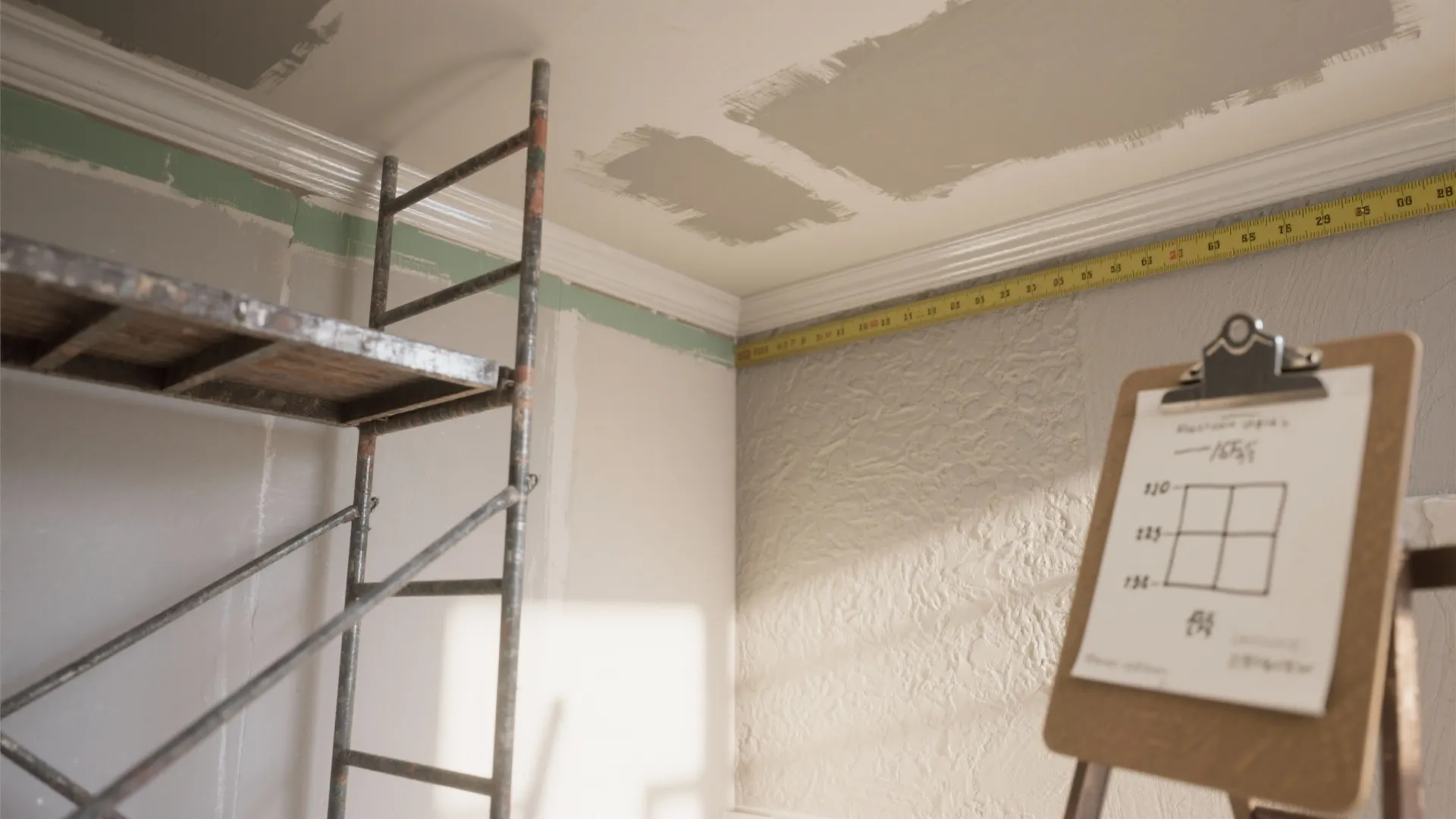 Interior corner showing ceiling scaffold, glossy trim close-up and textured wall to illustrate surface-based cost breakdown.