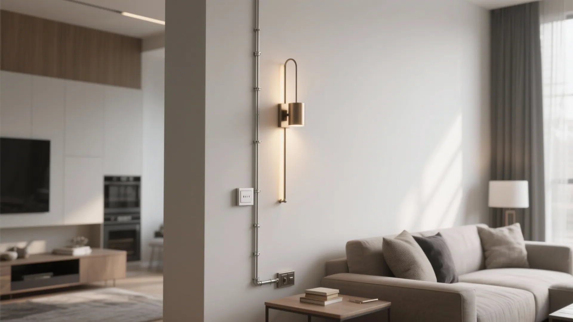 Modern living room featuring a gold wall light with exposed metal pipe and grey sofa furniture