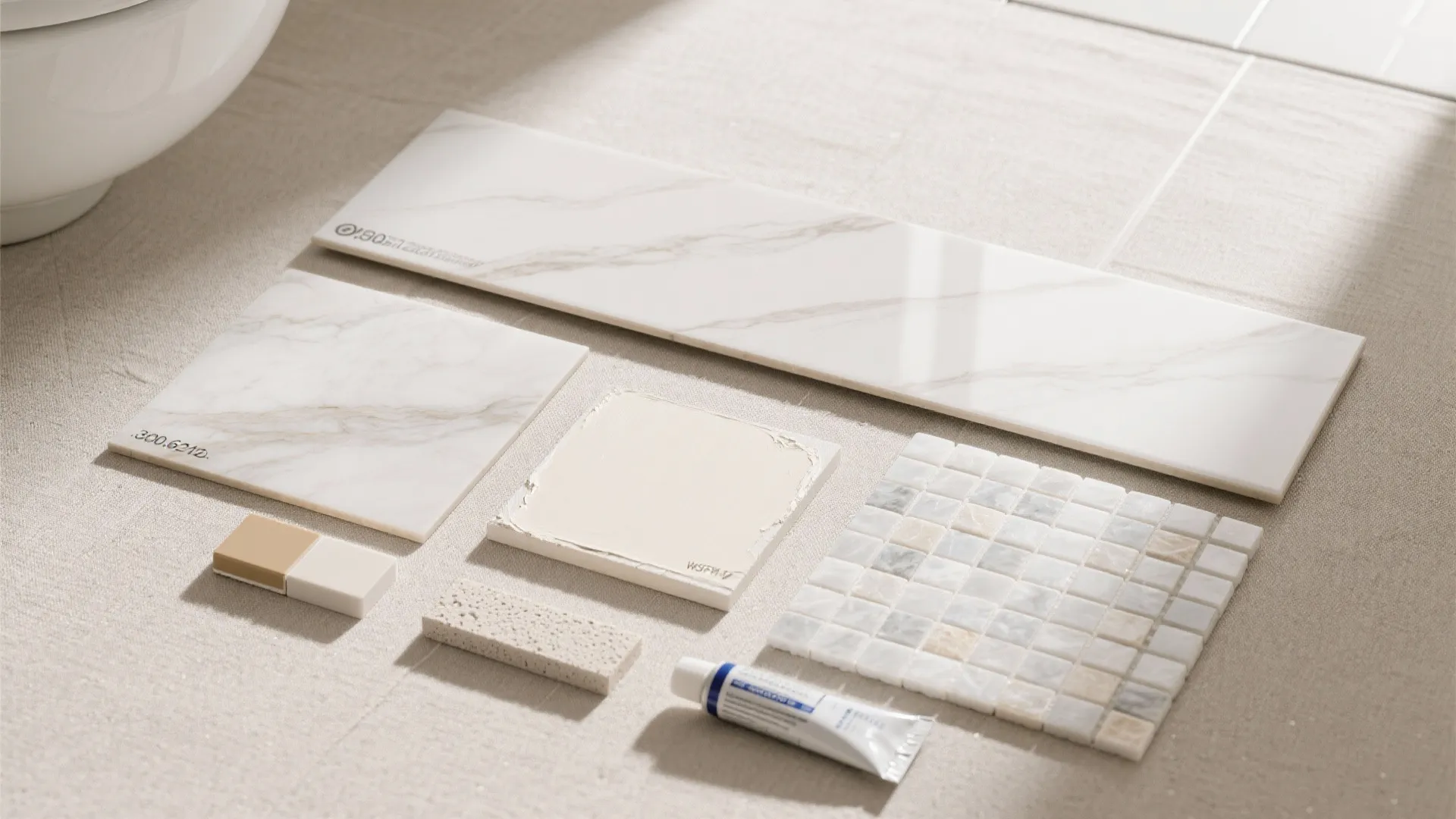 Collection of white marble floor tiles and small mosaic wall tiles for a modern bathroom