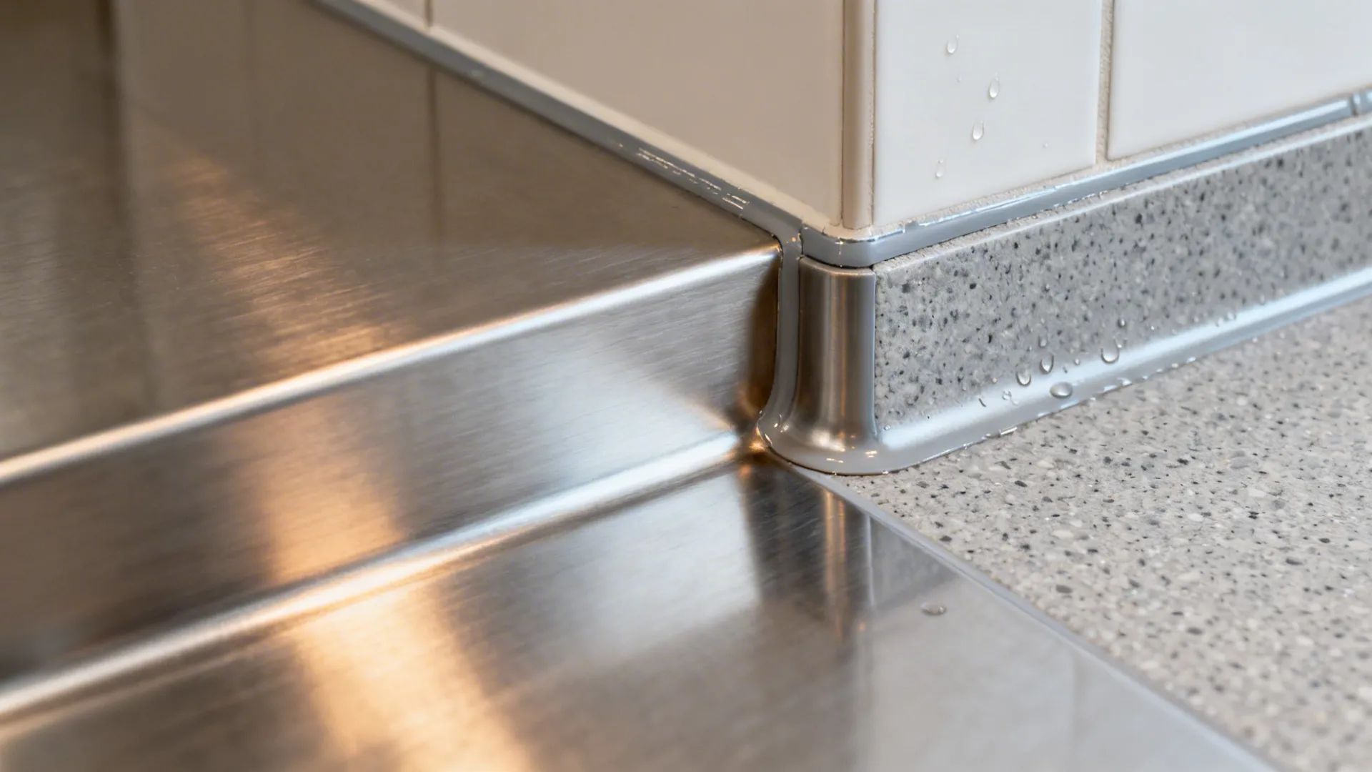 Macro of stainless worktop, coved resin floor upstand, and hygienic wall cladding with sealed joints.