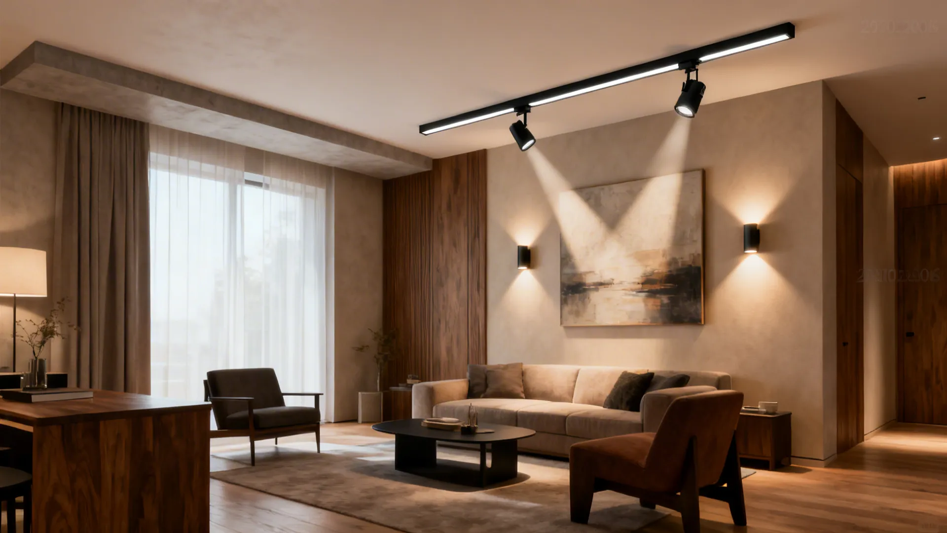 Living room with thin linear LED, compact track lights, and wall sconces, no drop ceiling.