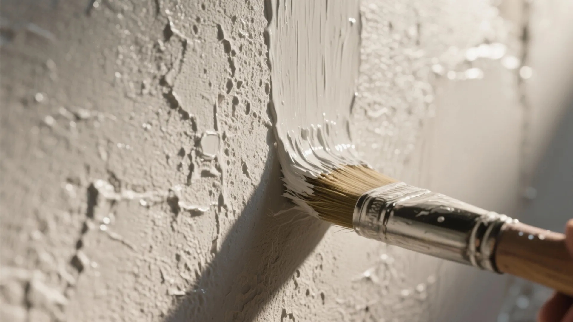 Close up view of paint brush applying thick white paint to a textured wall surface