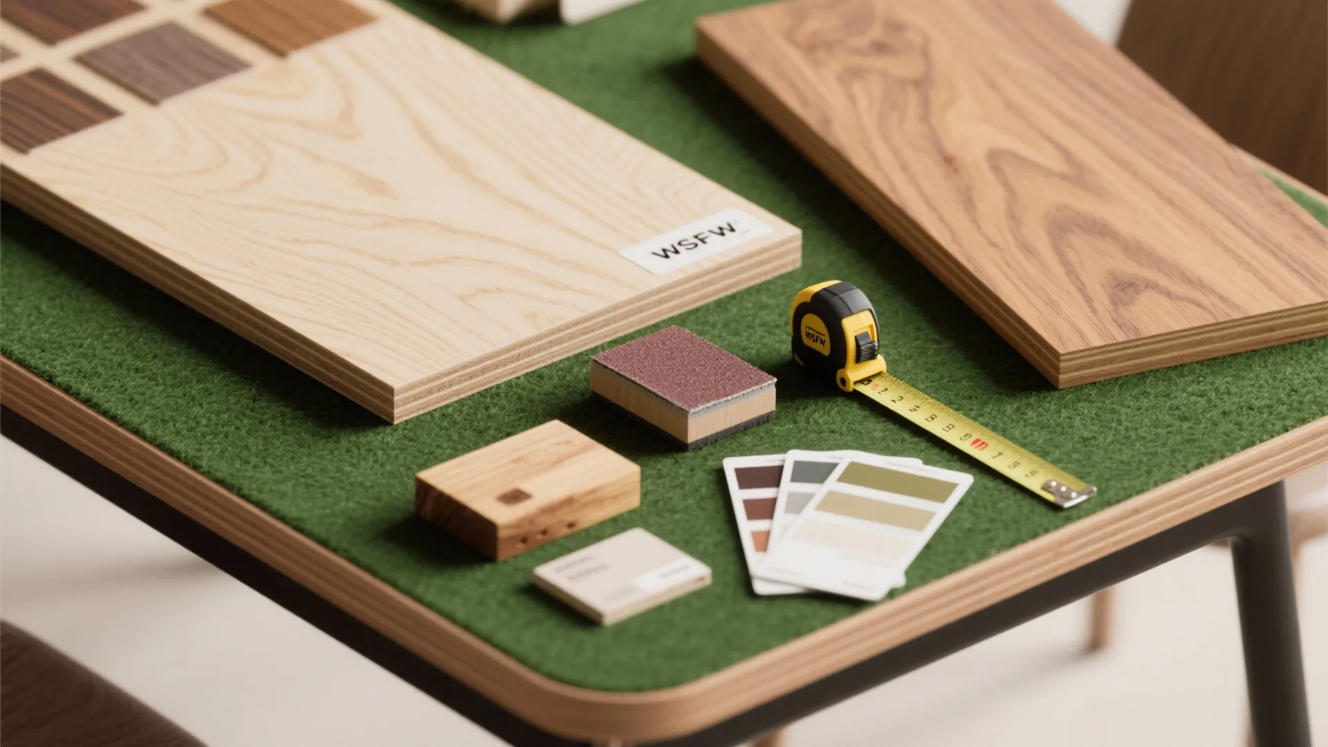 Selection of wood panels, color cards, measuring tape and sanding block on a green table