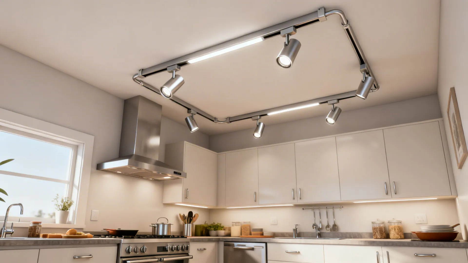 Kitchen ceiling with low-profile surface-mounted LEDs and an adjustable track aimed at work areas