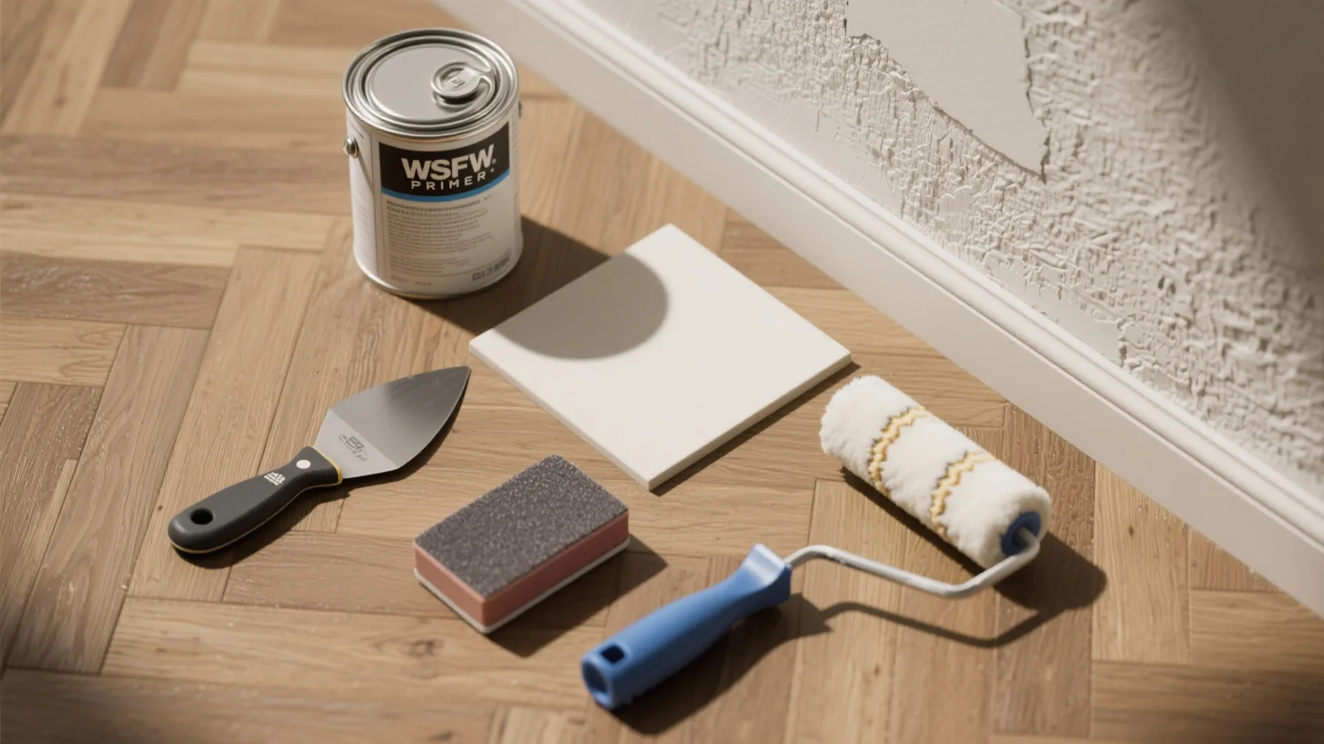 Wall painting tools including primer can paint roller sanding block and scraper on wooden floor background