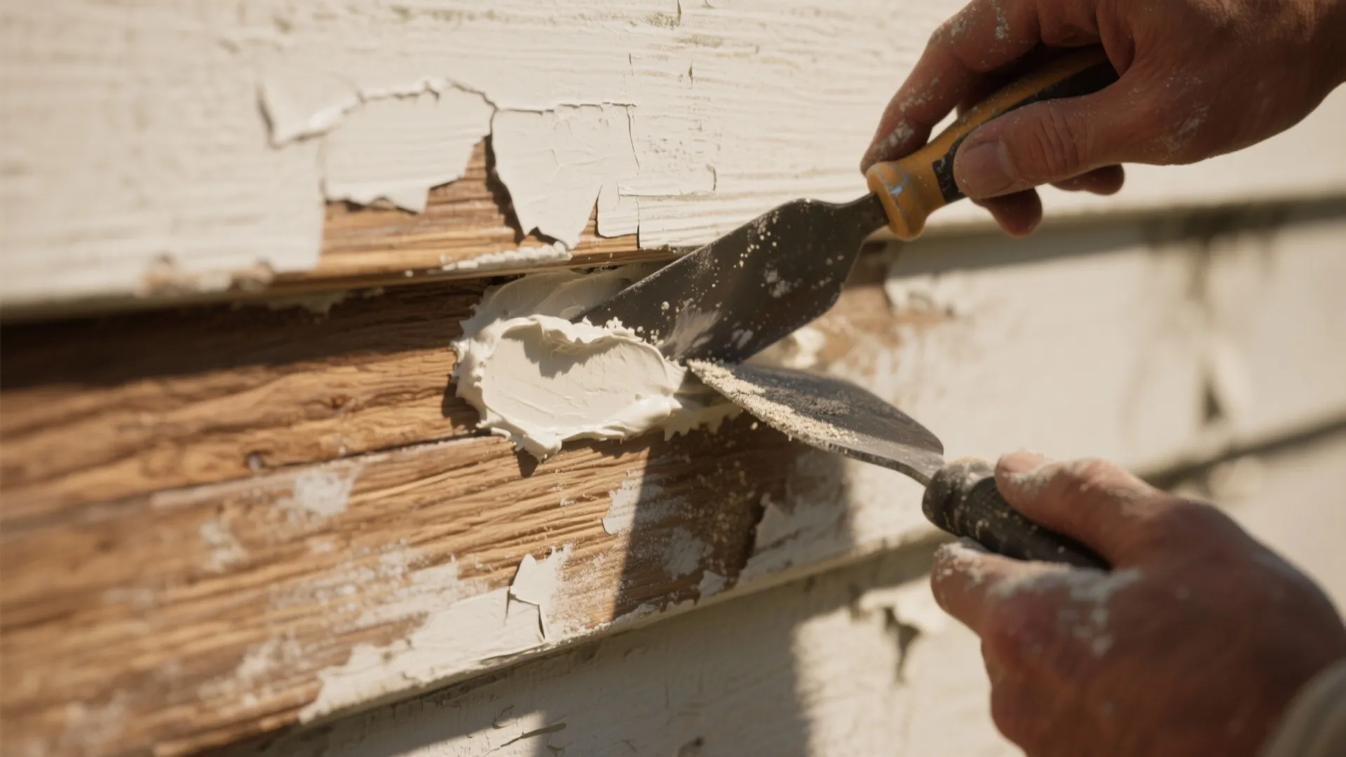 Close up of hands using a putty knife to apply white filler on wooden wall