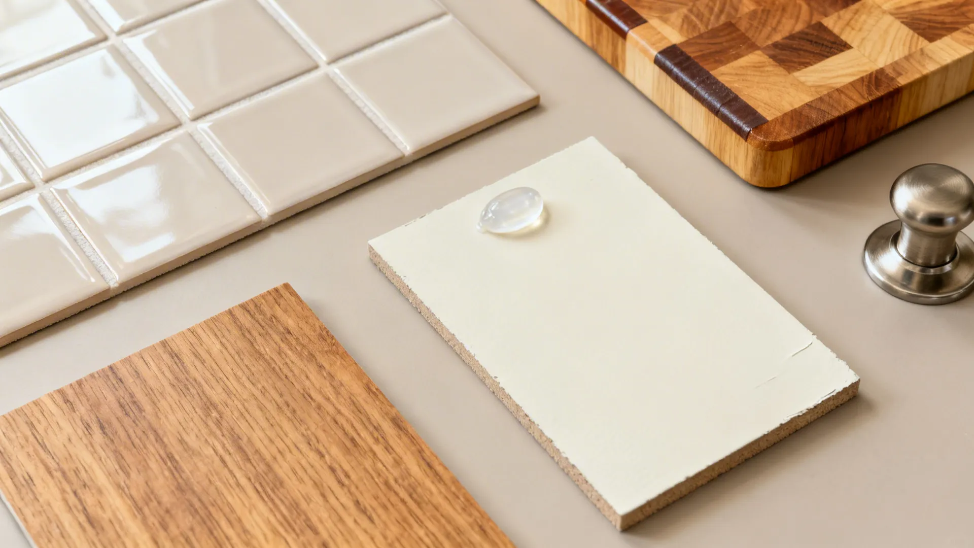Interior design material samples including wood panel cream tiles metal knob and white board surface