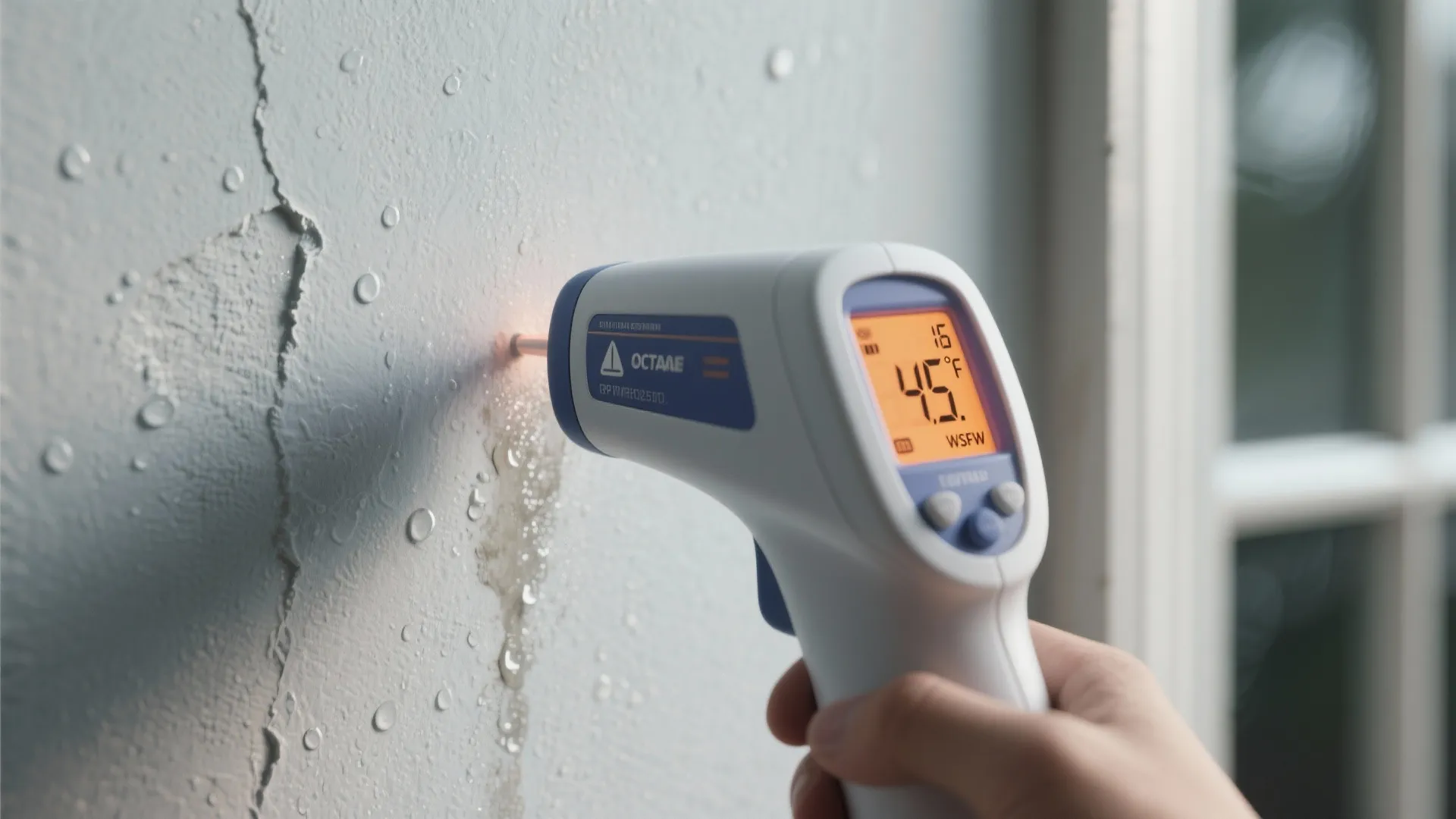A hand holding a digital thermometer to check the surface temperature of a wet wall