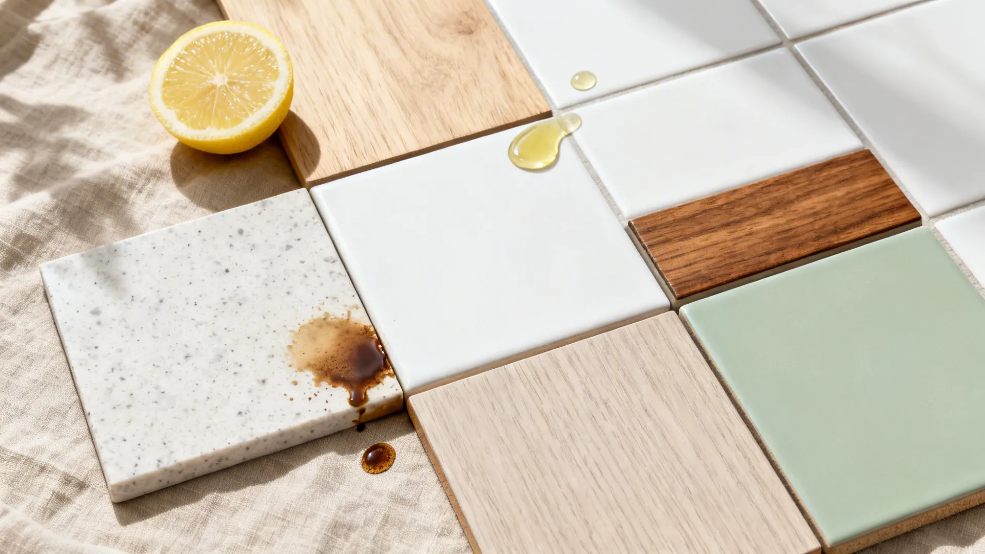 Flatlay of quartz, porcelain, matte laminate, and wood samples with test spills.