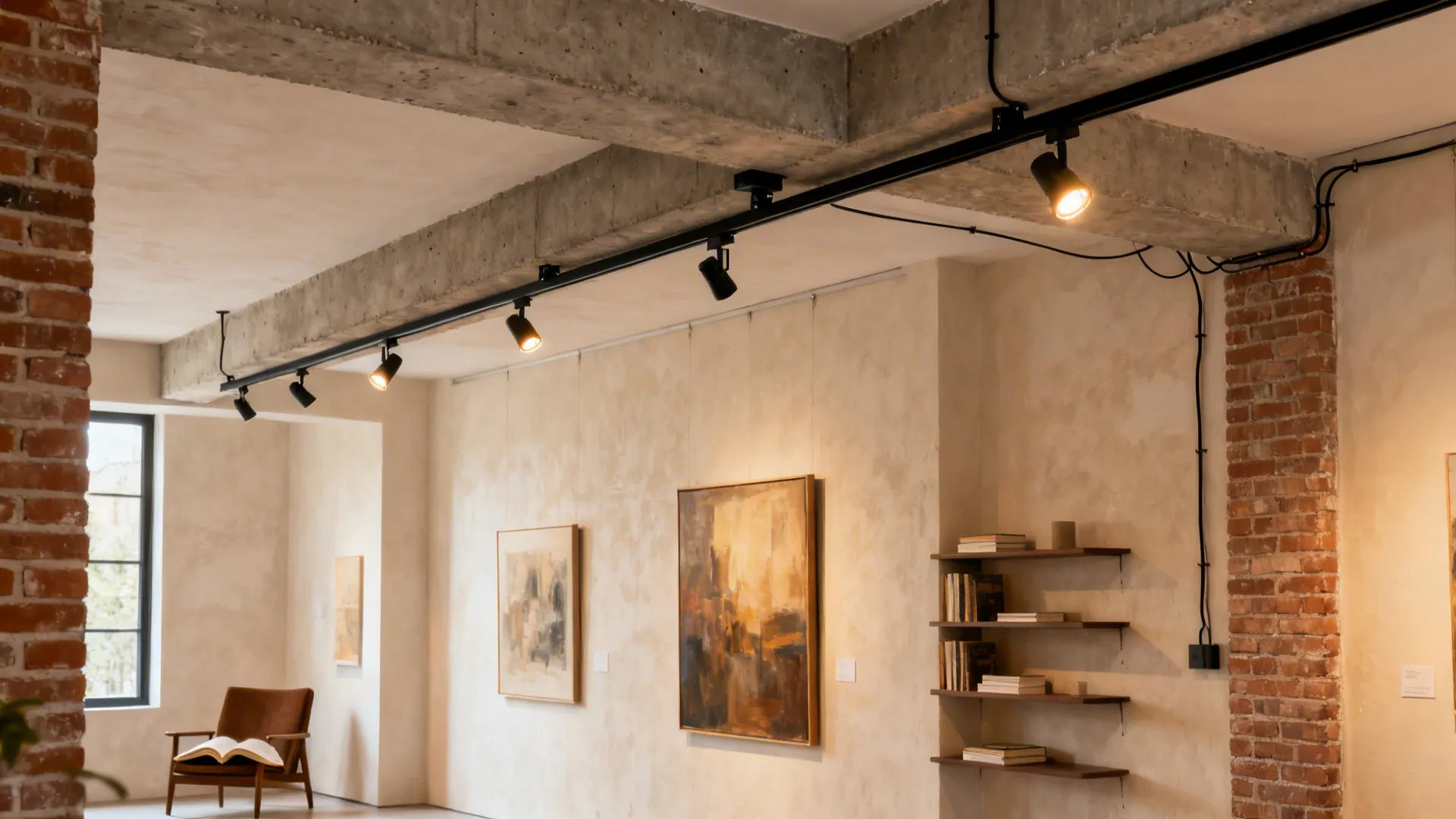 Slim surface-mount track lights highlighting art, shelves, and a reading chair in a living room.