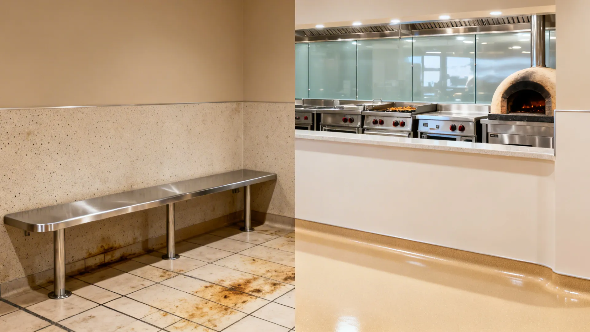 Before-and-after of kitchen finishes from porous, stained surfaces to stainless and epoxy coves.