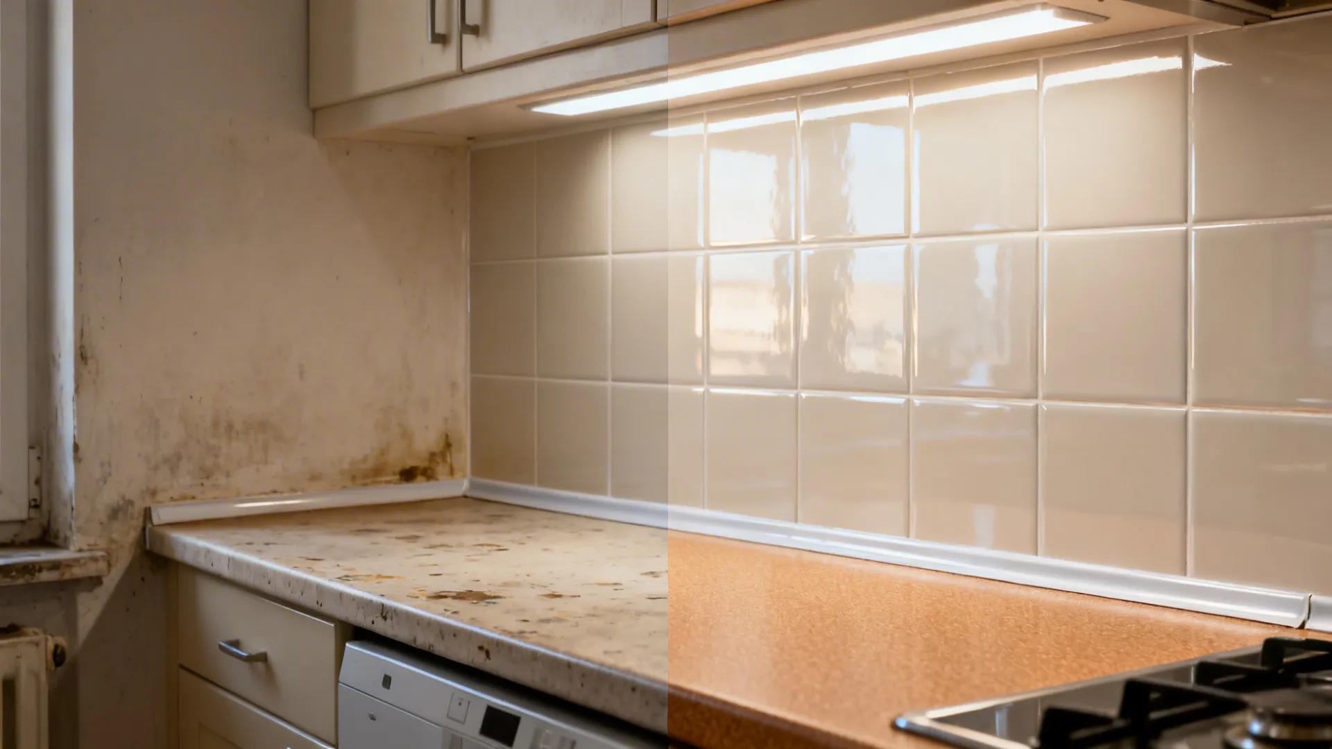 Before and after comparison showing dirty kitchen wall tiles transformed into clean shiny white tiles