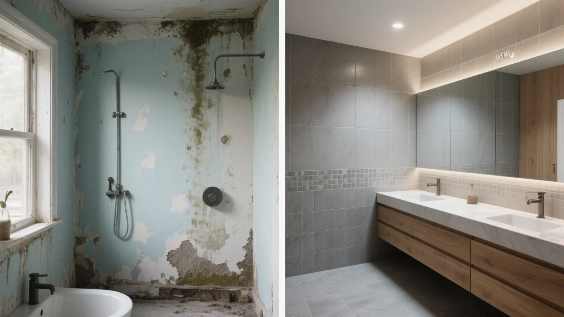 Split before-and-after of a wet wall: moldy painted surface transformed into a tiled, waterproof finish with raised vanity.
