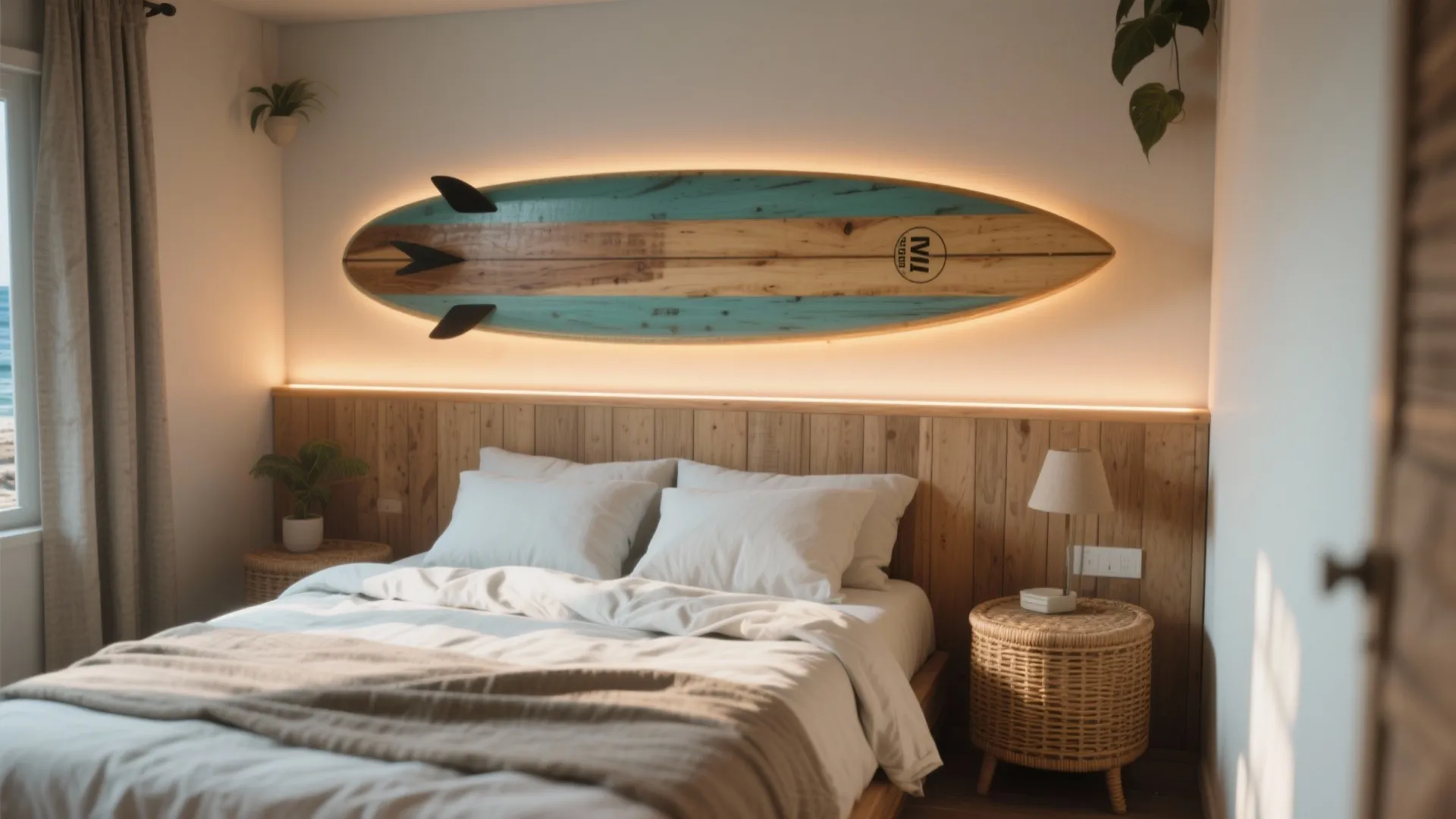 Cozy bedroom with a decorative surfboard mounted above a wooden wall panel and white bed