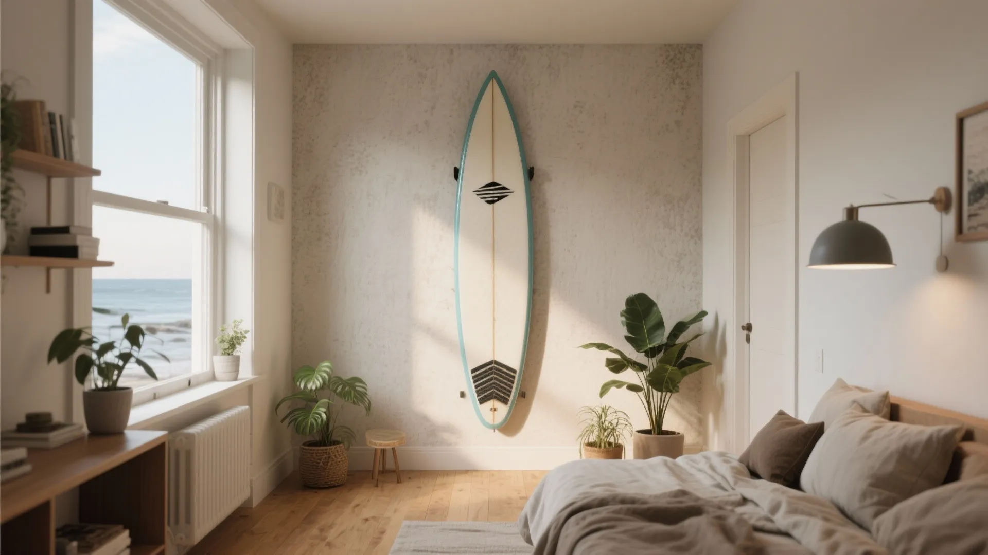 Modern coastal bedroom featuring a surfboard wall decoration plus green plants and bright natural light