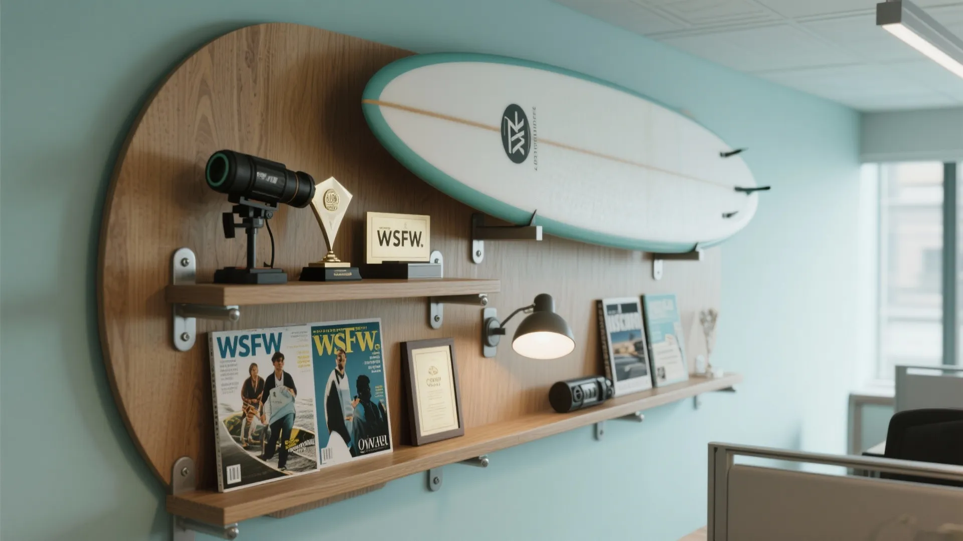 Wooden wall panel with surfboard wall light magazines and trophies in a modern blue office room