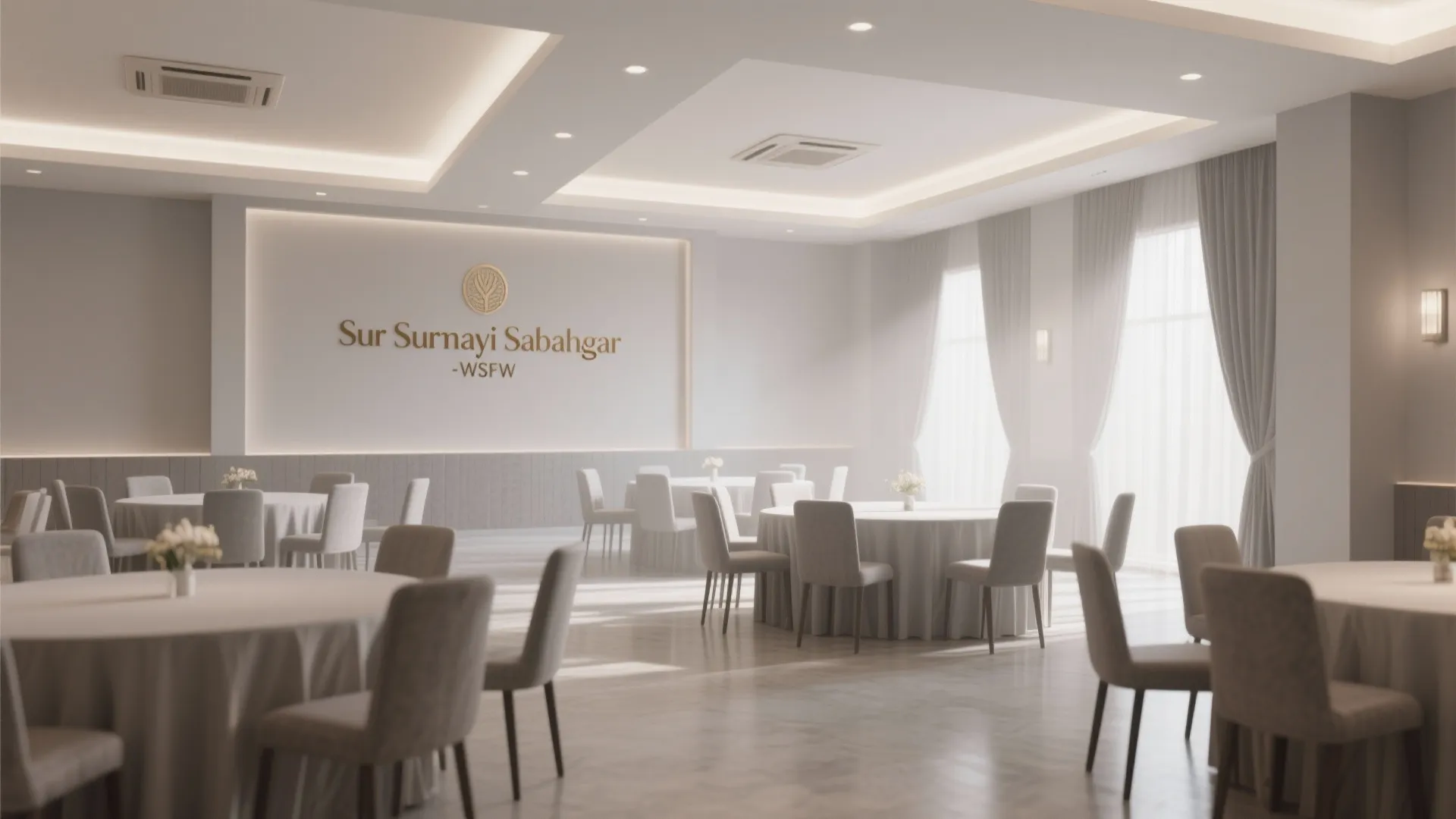 Minimalist ash-hued Indian banquet hall with calm atmosphere
