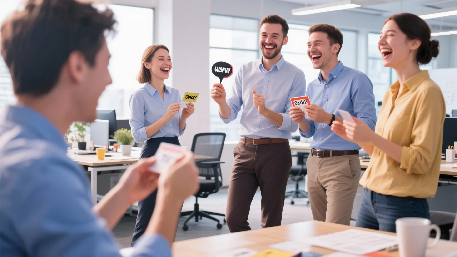 Happy office workers laughing and holding small signs during a team building activity at work