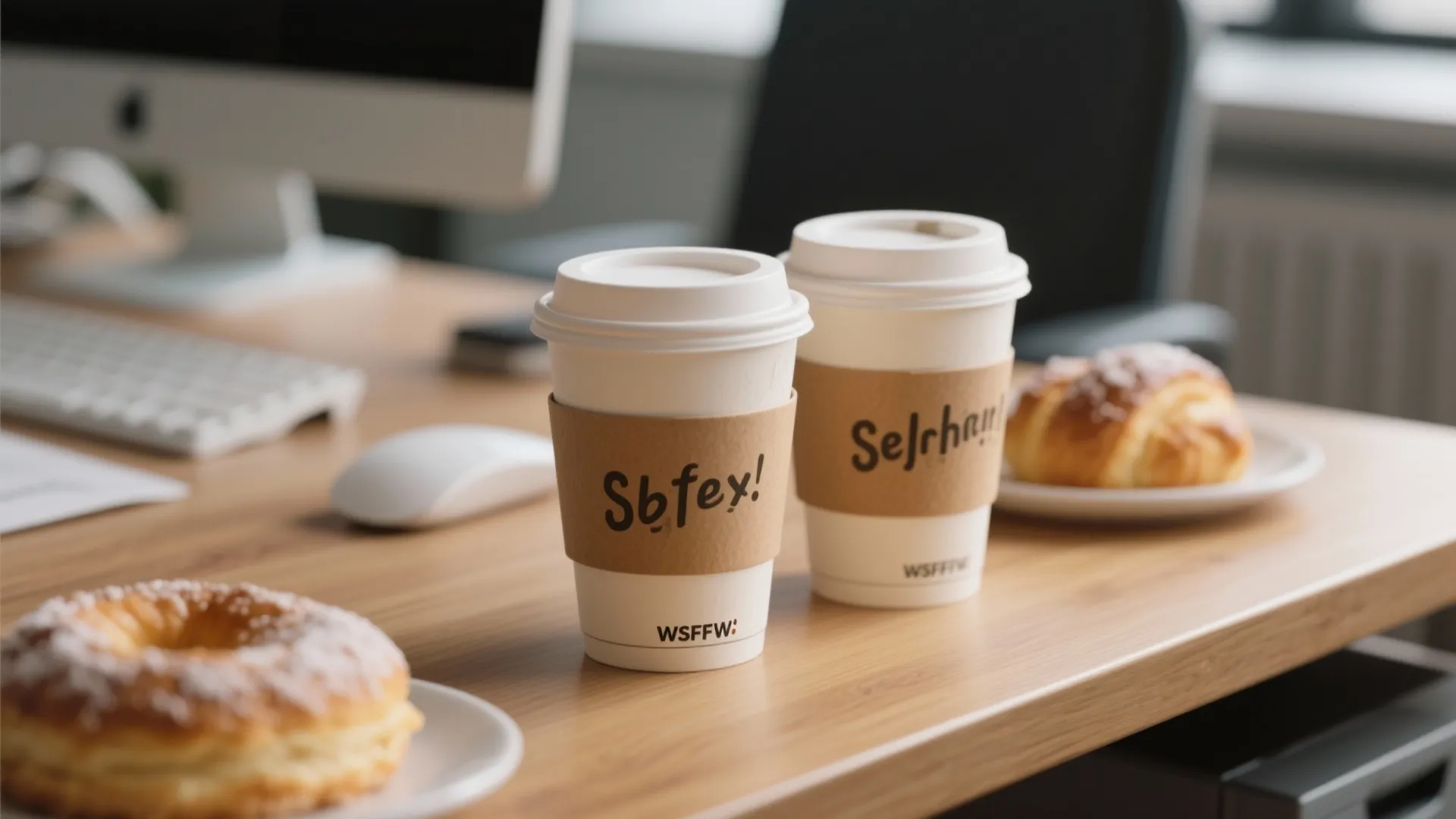 Two paper coffee cups and fresh pastries on a wooden office desk near a computer